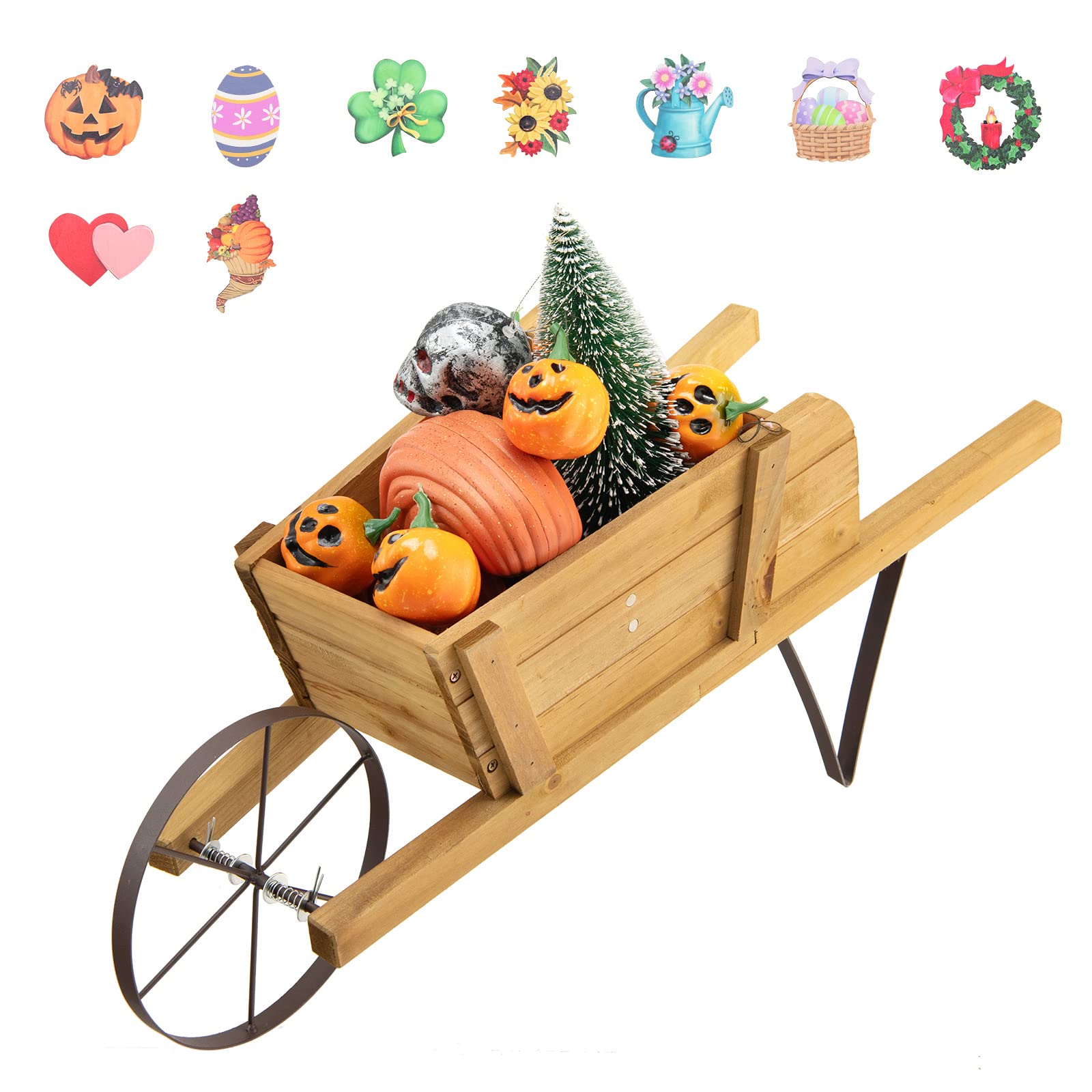 Giantex Wooden Wagon Planter, Small Wheelbarrow Wagon Flower, Indoor & Outdoor Raised Bed 