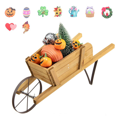 Giantex Wooden Wagon Planter, Small Wheelbarrow Wagon Flower, Indoor & Outdoor Raised Bed 