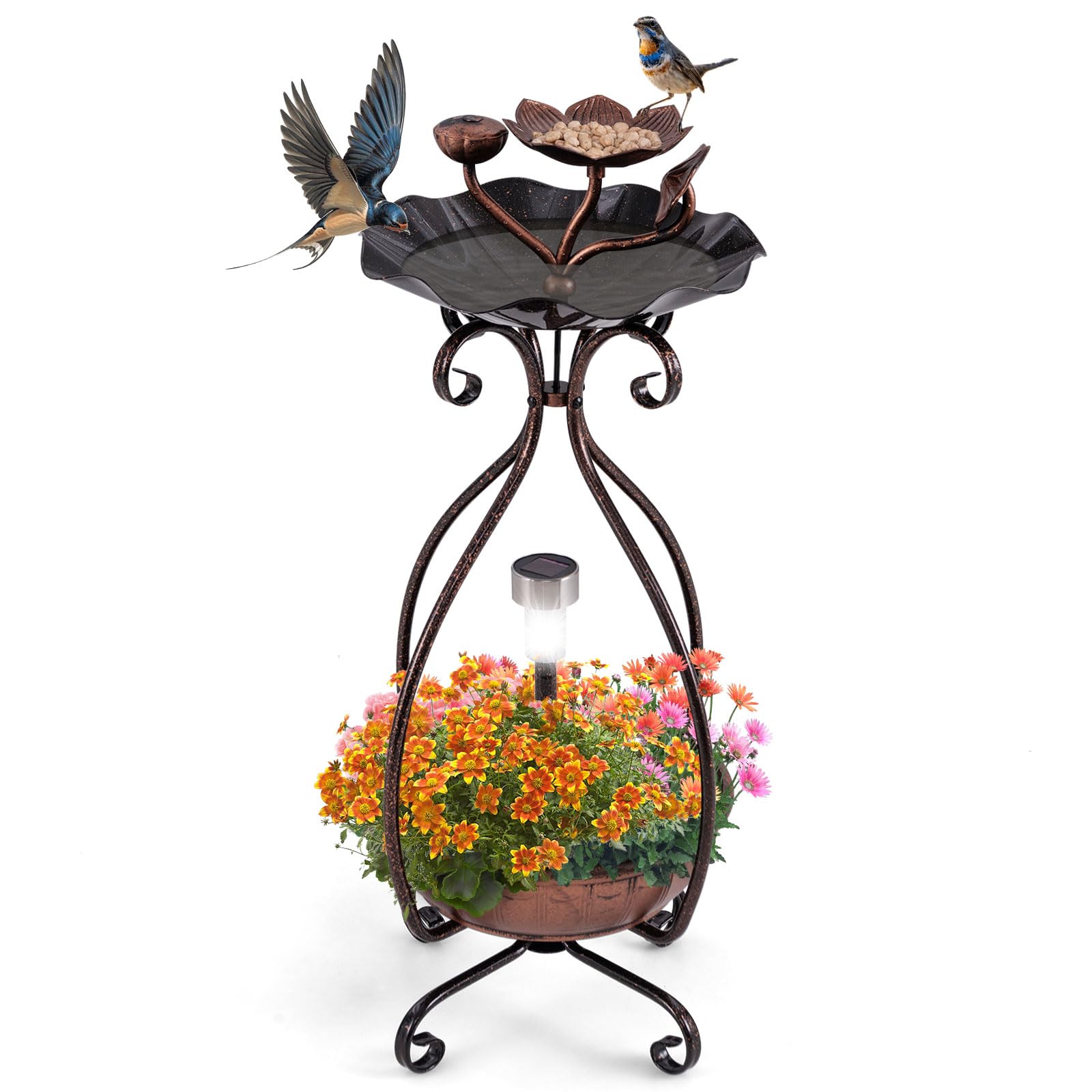 Giantex Bird Bath with Planter - Solar Lighted Bird Bath for Outside with Bird Feeder 
