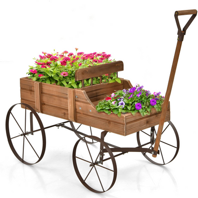 Giantex Decorative Garden Planter, Small Wagon Cart with Metal Wheels, Wood Raised Beds Plant Pot Stand for Backyard Garden Patio 24.5"x13.5"x24" 