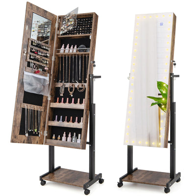 CHARMAID Jewelry Cabinet Armoire with LED Full Length Mirror, 3 Adjustable Heights, up to 69 inches 