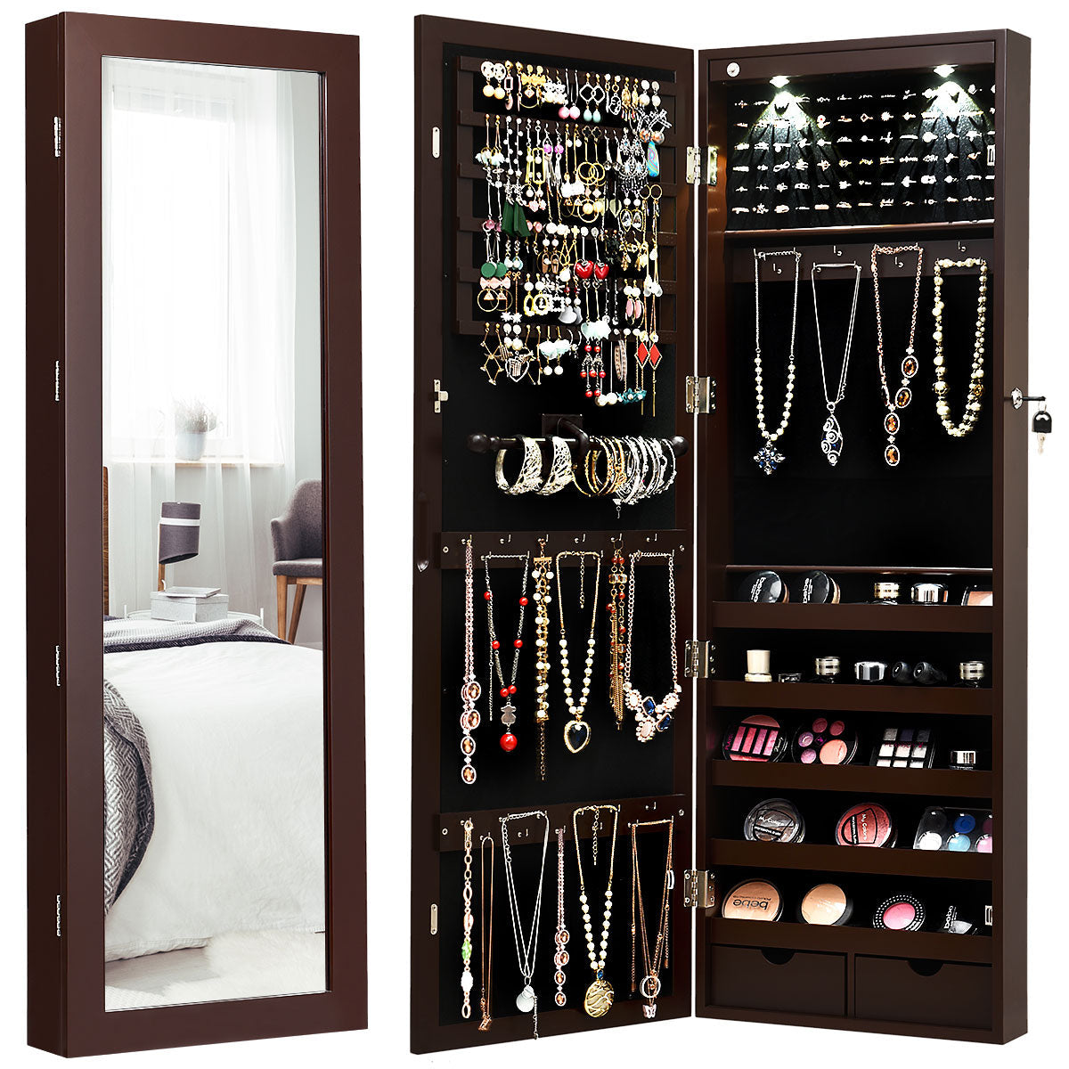 Wall/Door Mounted Jewelry Armoire Organizer with 2 LED Lights 