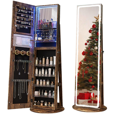 CHARMAID LED Mirror Jewelry Cabinet Armoire 360Â° Swivel, 63" H 3-Color Lighted Full Length Mirror 