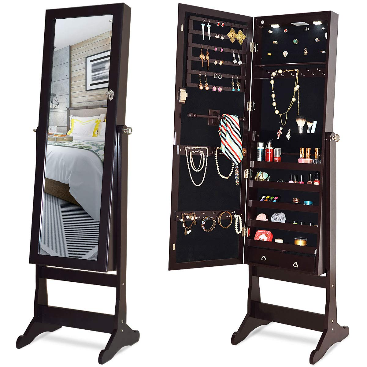 CHARMAID 2 LEDs Standing Jewelry Cabinet with Full Length Mirror