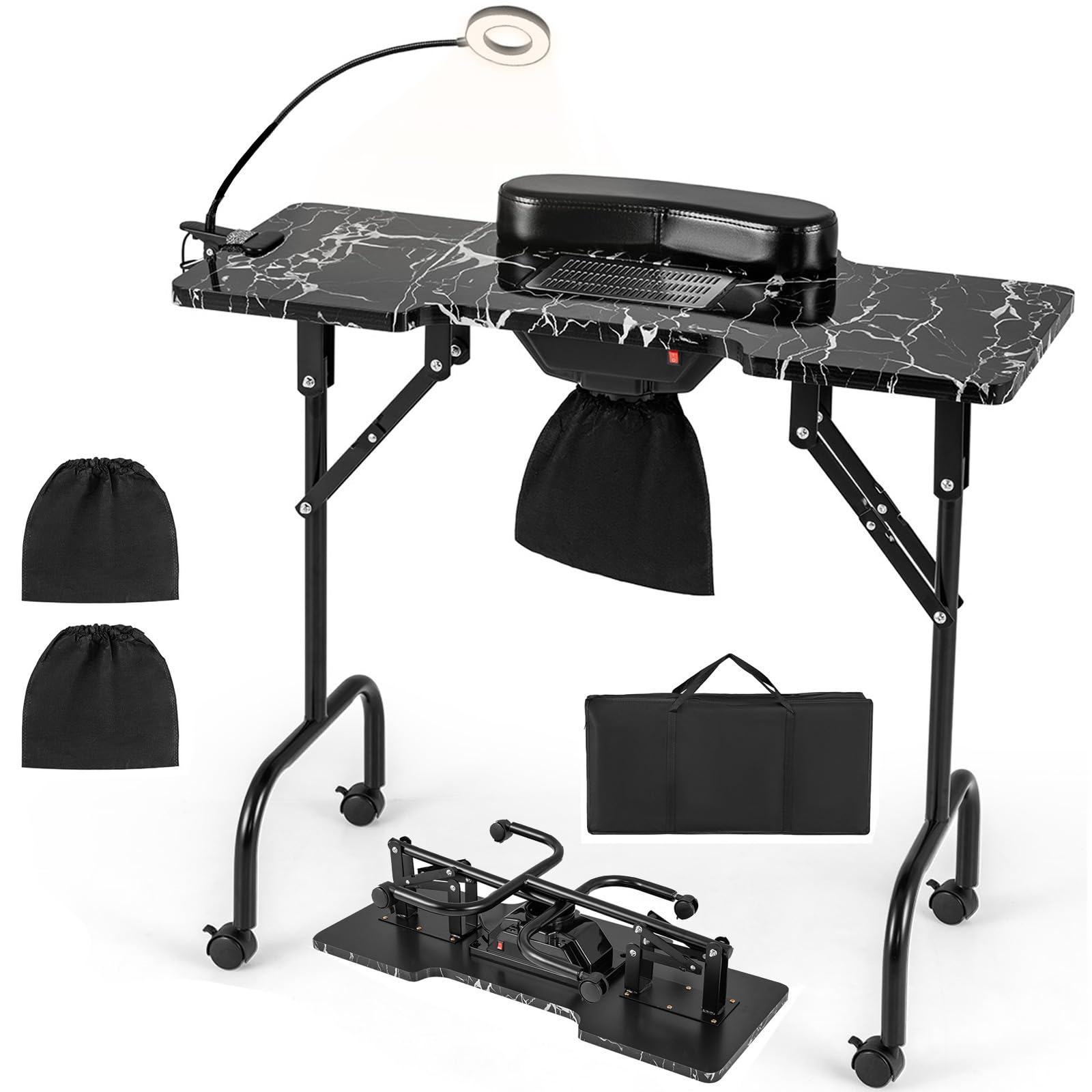 Giantex Foldable Nail Desk - Manicure Table with Built-in Dust Collector Fan, Adjustable LED Lamp 