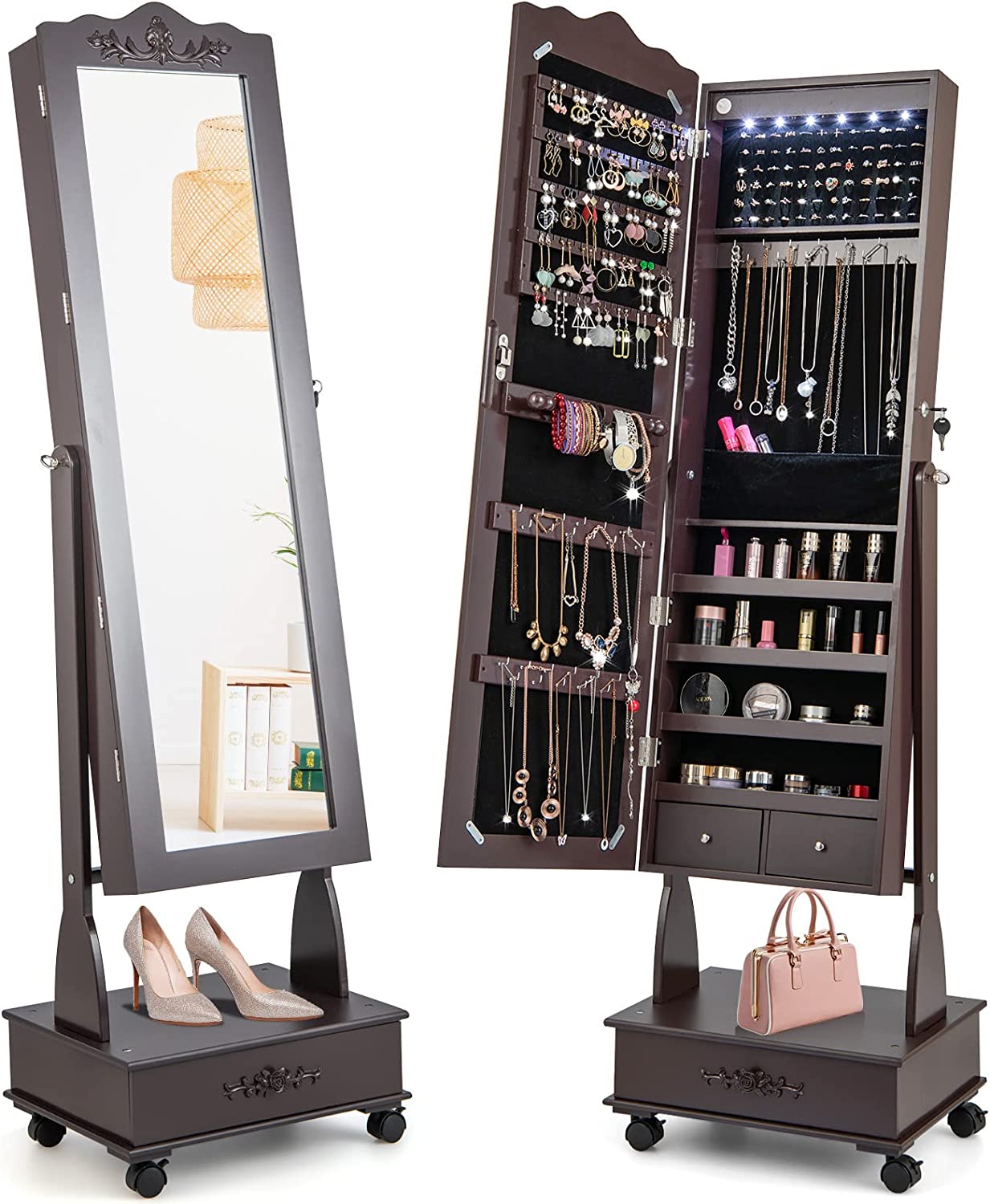 CHARMAID 6 LEDs Rolling Jewelry Cabinet with High Full Length Mirror, Lockable Standing Jewelry Armoire with Wheels 