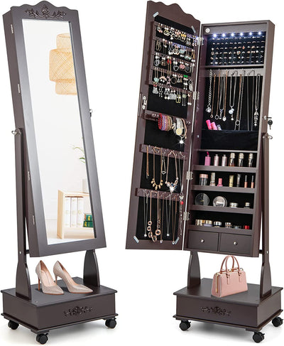 CHARMAID 6 LEDs Rolling Jewelry Cabinet with High Full Length Mirror, Lockable Standing Jewelry Armoire with Wheels 
