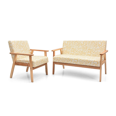 Mid-Century Wooden Loveseat Accent Chair Set 