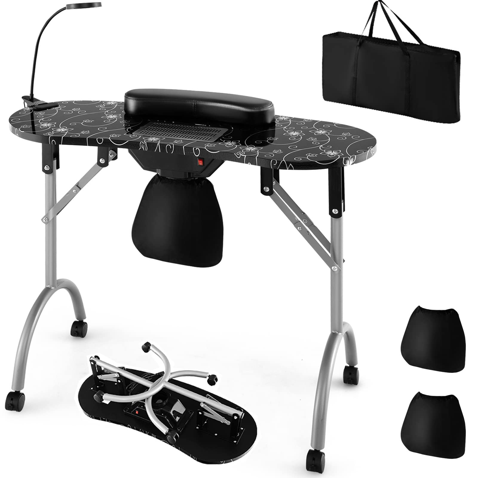 Giantex Nail Desk with Electric Dust Collector, Portable Manicure Table with USB-Plug LED Table Lamp 