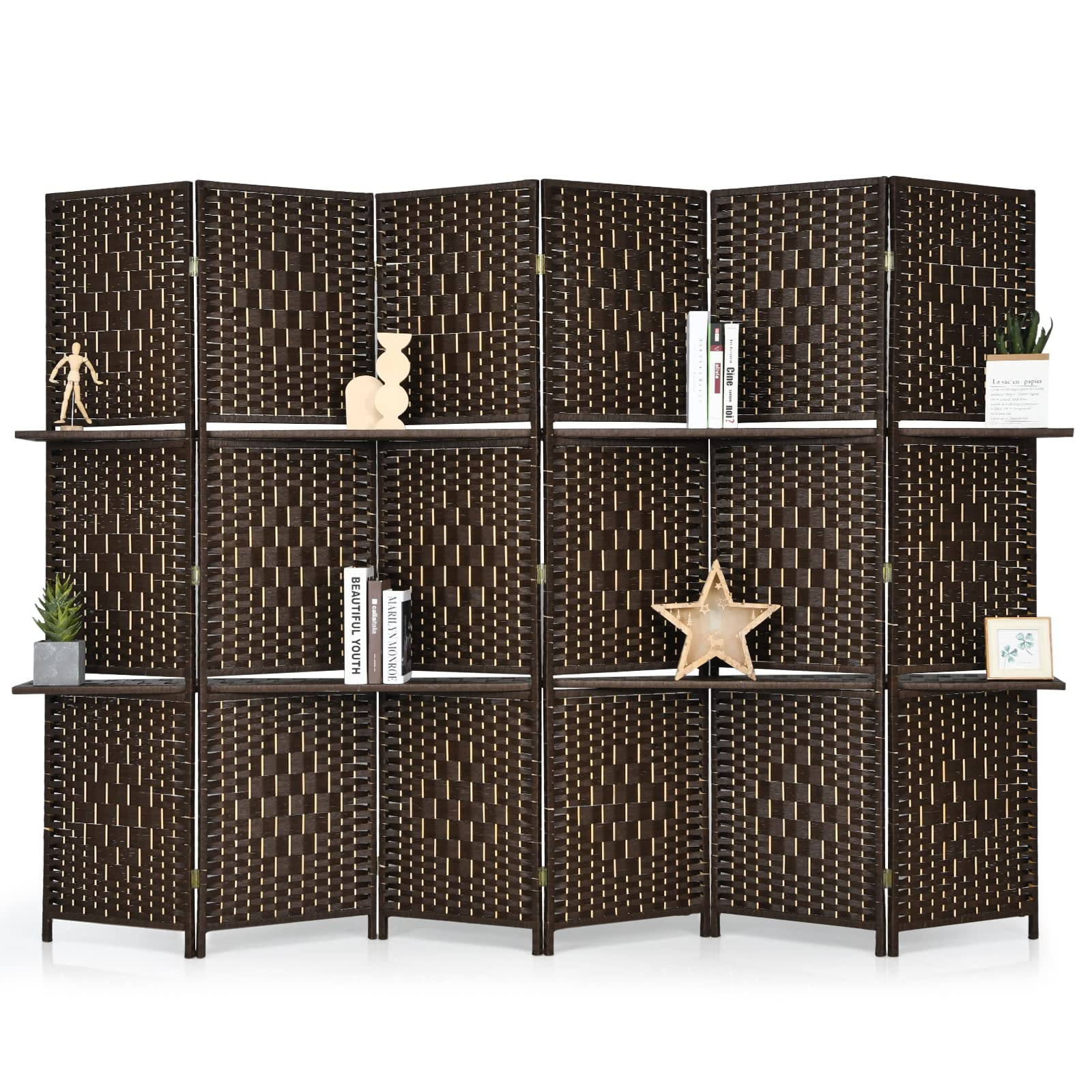 Giantex 6 Panel Room Divider Screen, 6Ft Hand-Woven Rattan Wood Room Divider w/ Shelves