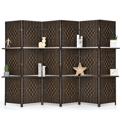 Giantex 6 Panel Room Divider Screen, 6Ft Hand-Woven Rattan Wood Room Divider w/ Shelves 