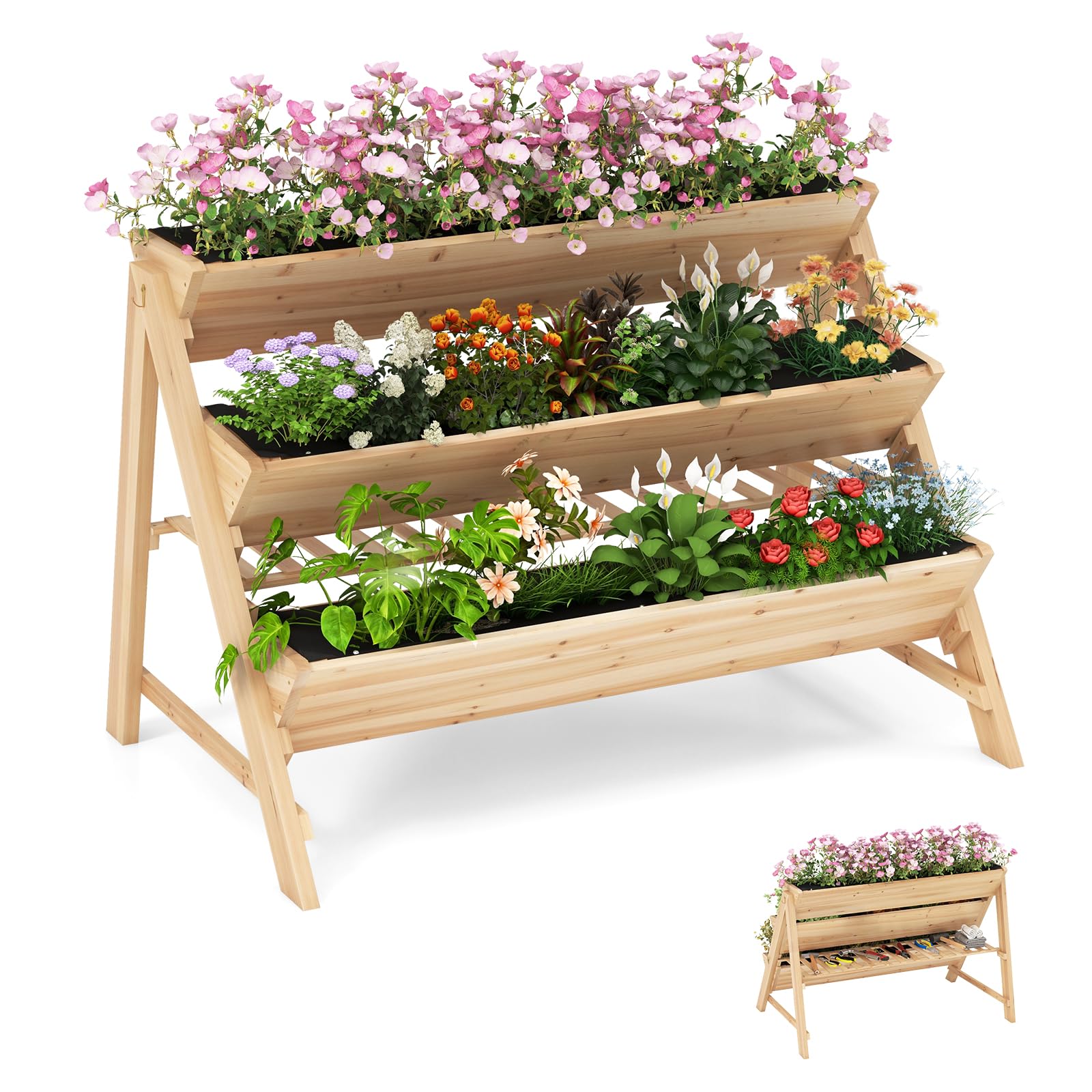 Giantex 3-Tier Raised Garden Bed, Wooden Vertical Planter Box with Storage Shelf 