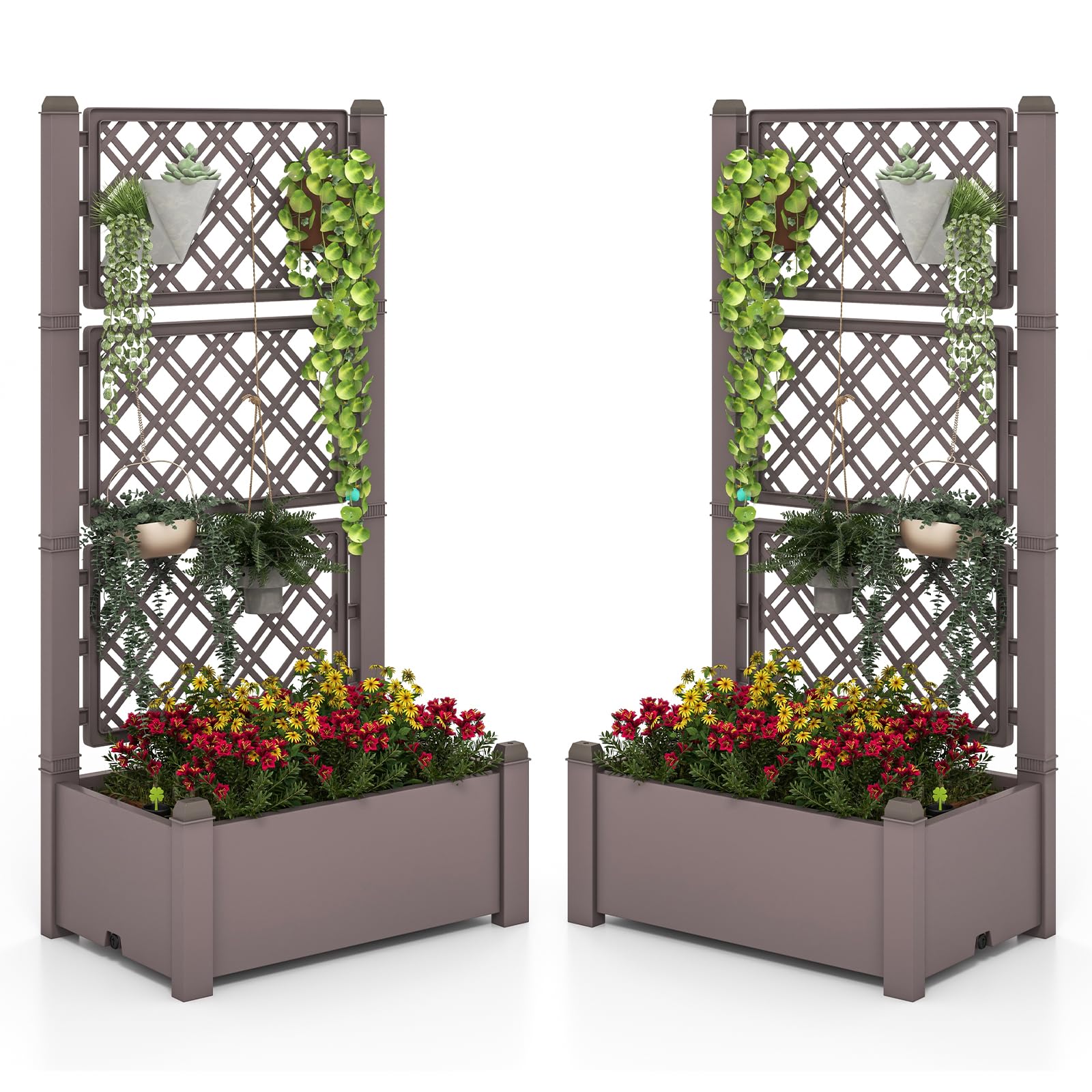 Giantex Raised Garden Bed with Trellis 59”, Self-Watering Planter Box with Water Level Indicator & Removable Space Dividers 