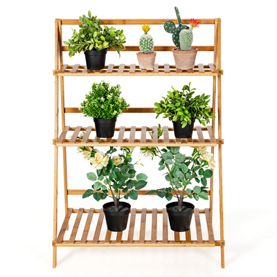 Giantex 3 Tier Folding Storage Shelf, Bamboo Ladder Plant Stand 
