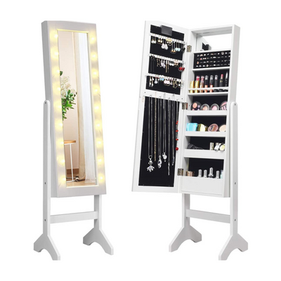 Standing Jewelry Armoire with 18 LED Lights Around the Door 