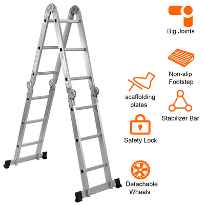 7 in 1 Folding Extension Ladders,Extendable Scaffold Aluminum Step Ladder 330LB (12.2 Ft) 