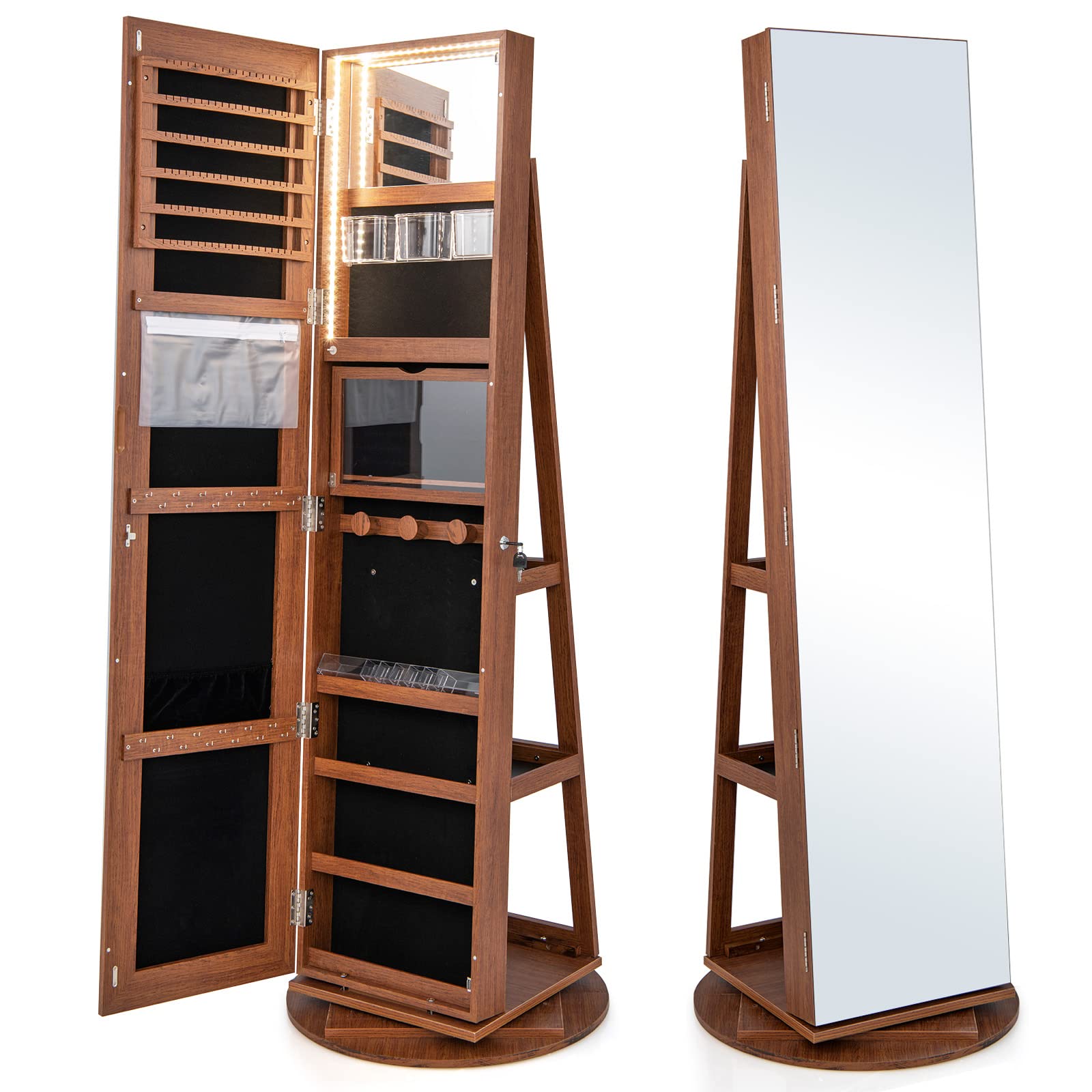 CHARMAID 63.5"H Jewelry Armoire with Full Length Mirror 360 Degree Swivel, 3-Color LED lights