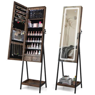 CHARMAID Jewelry Cabinet with LED Mirror, Lockable Standing Jewelry Armoire Organizer with Lighted Full Length Mirror 