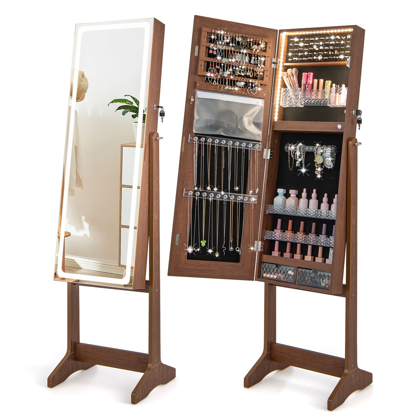 CHARMAID LED Mirror Jewelry Cabinet - Lockable Jewelry Armoire 