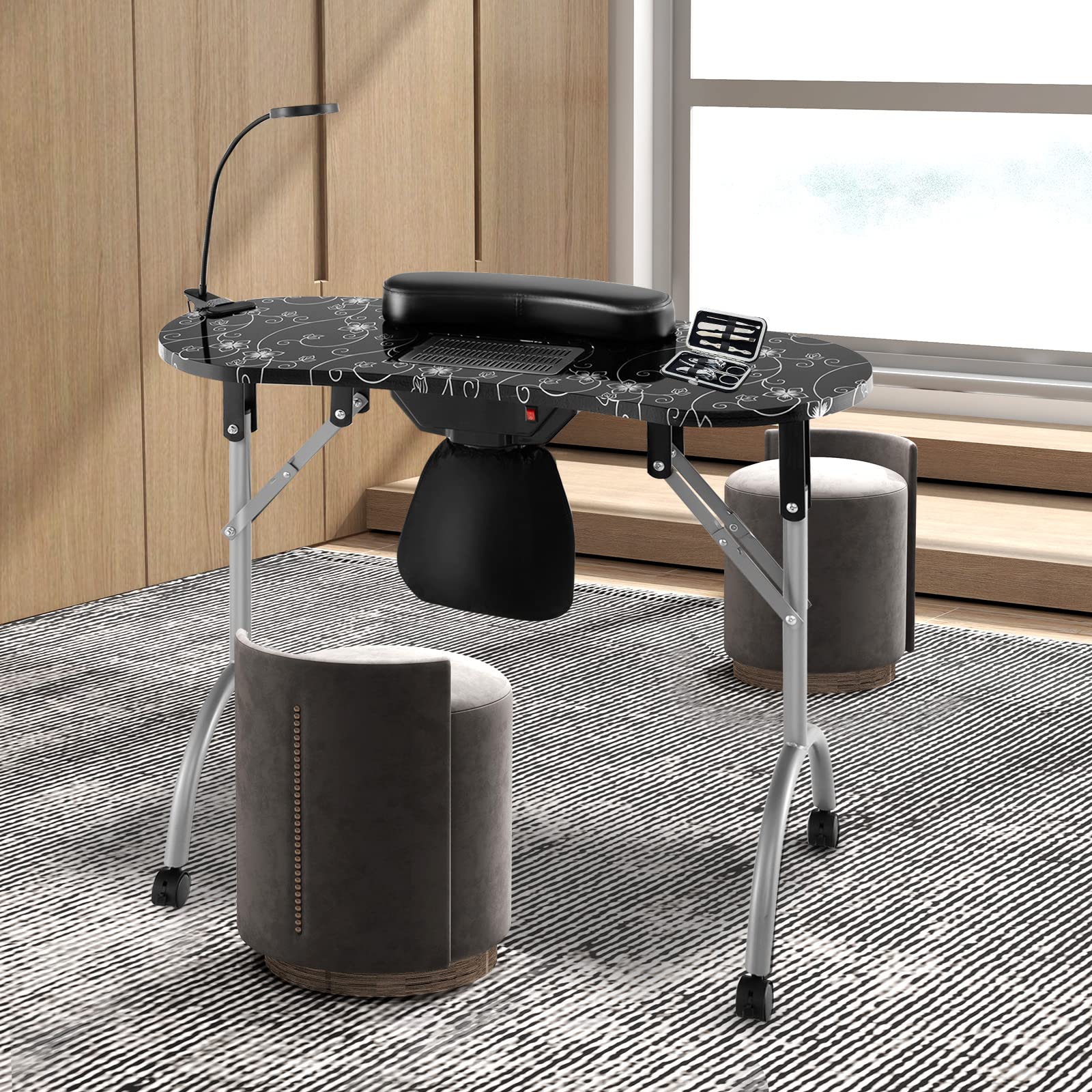 Giantex Nail Desk with Electric Dust Collector, Portable Manicure Table with USB-Plug LED Table Lamp 