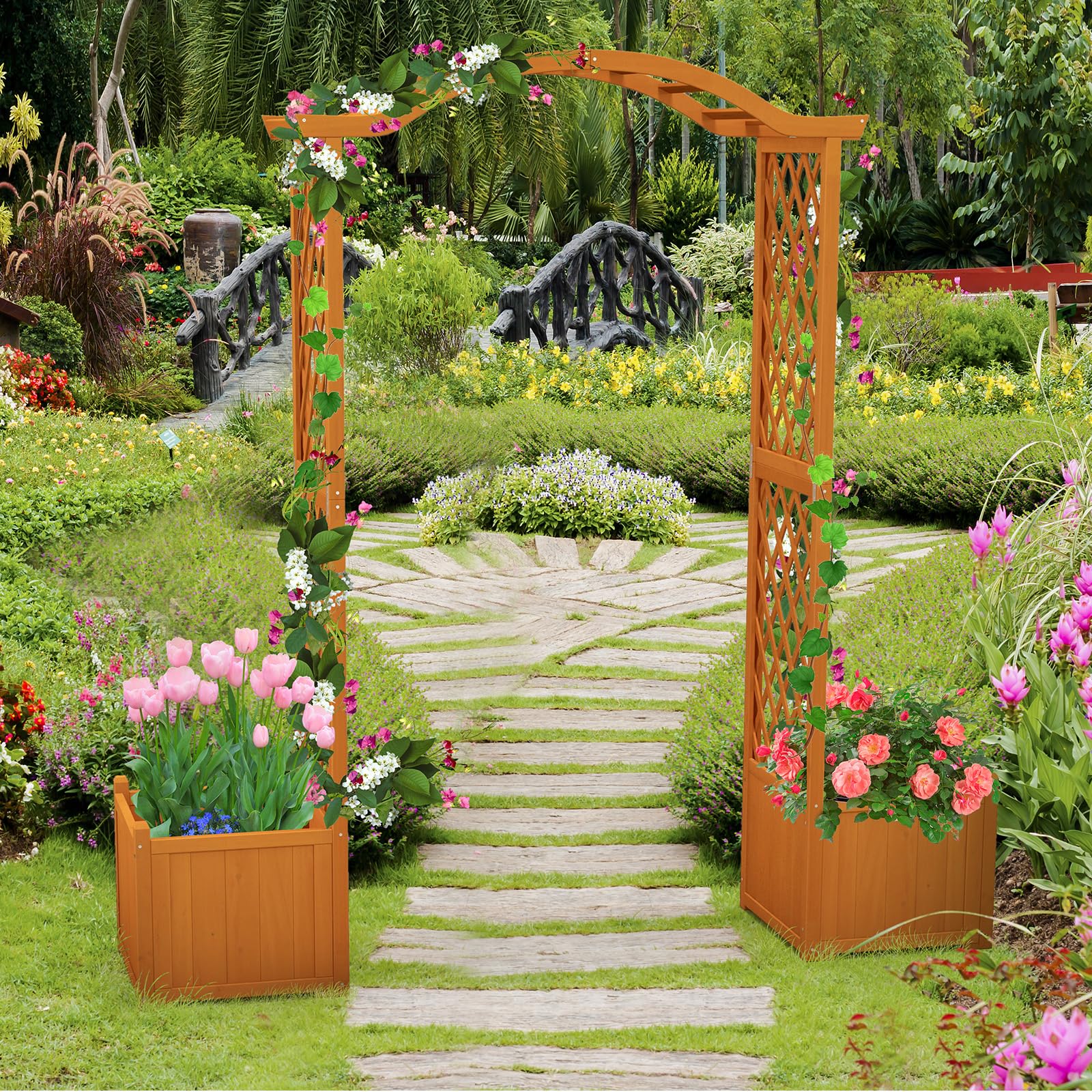 Giantex Garden Arbor with Planter, Wooden Planter Arch with Trellis, Outdoor Arch for Climbing Plants