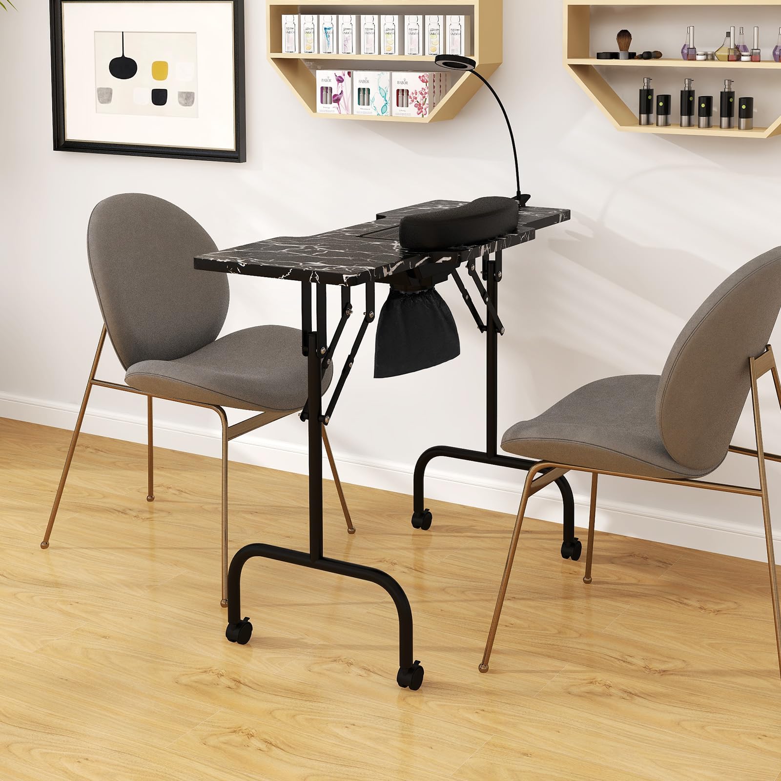 Giantex Foldable Nail Desk - Manicure Table with Built-in Dust Collector Fan, Adjustable LED Lamp 
