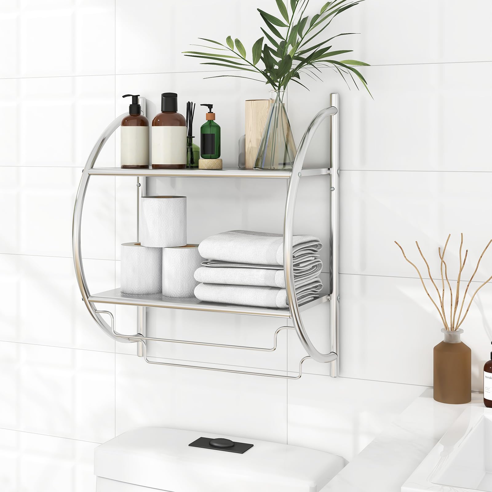 Giantex Bathroom Shelf with Towel Rack - 2 Tier Rustproof Over The Toilet Storage Shelf 