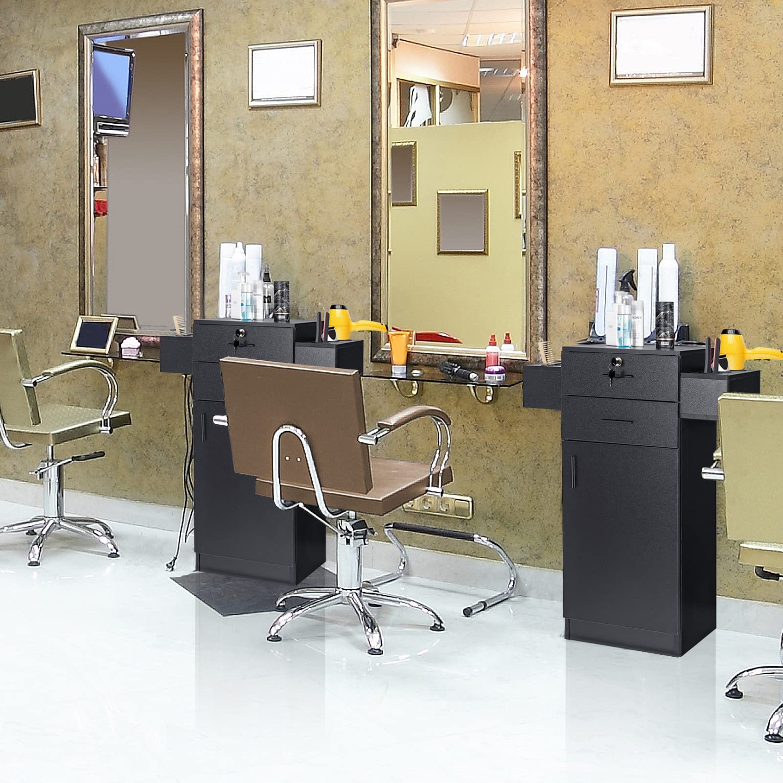 Salon Station Storage Cabinet for Hair Stylist, Black 