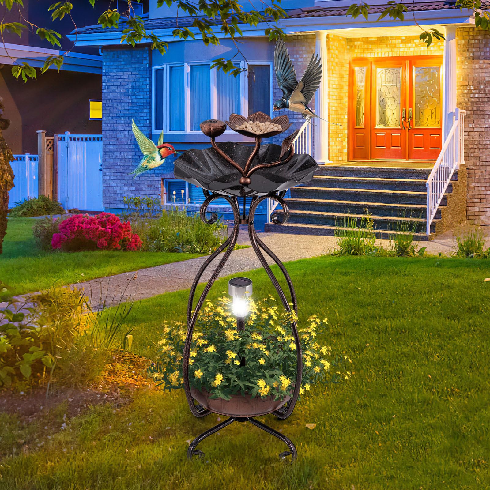 Giantex Bird Bath with Planter - Solar Lighted Bird Bath for Outside with Bird Feeder 