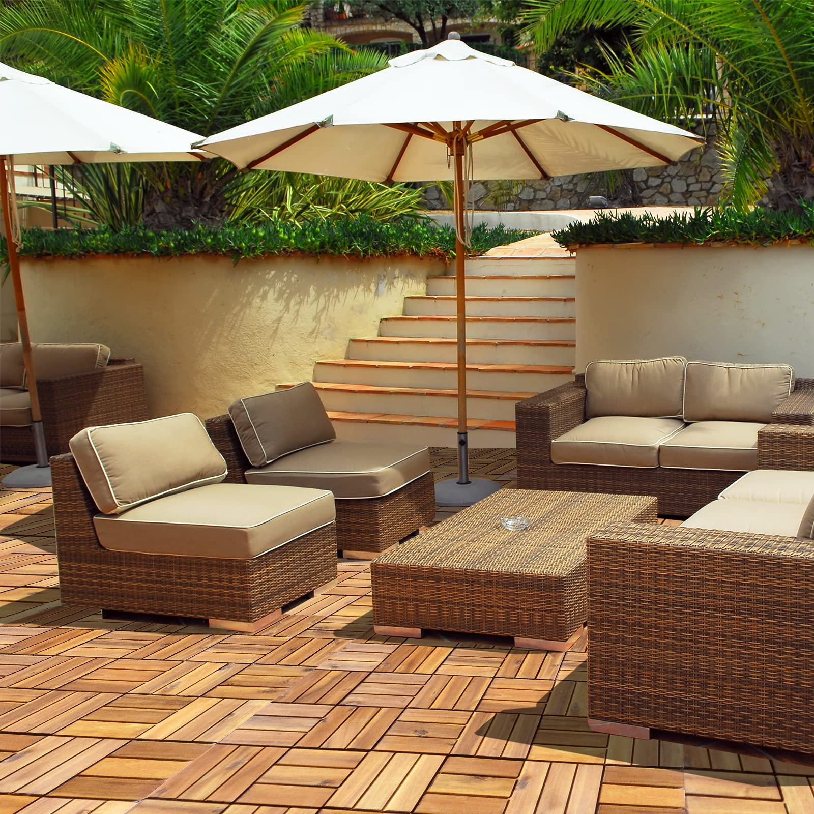 Giantex 27 PCS Interlocking Patio Deck Tiles, 12 x 12in Acacia Hardwood Floor Tiles, Tools Free Assembly