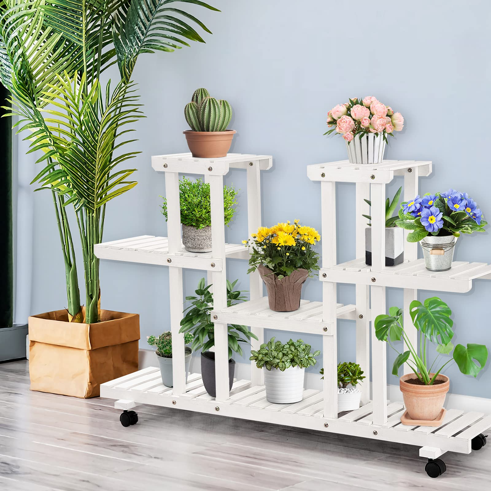 Giantex Rolling Flower Rack Wood Plant Stand on Wheels 