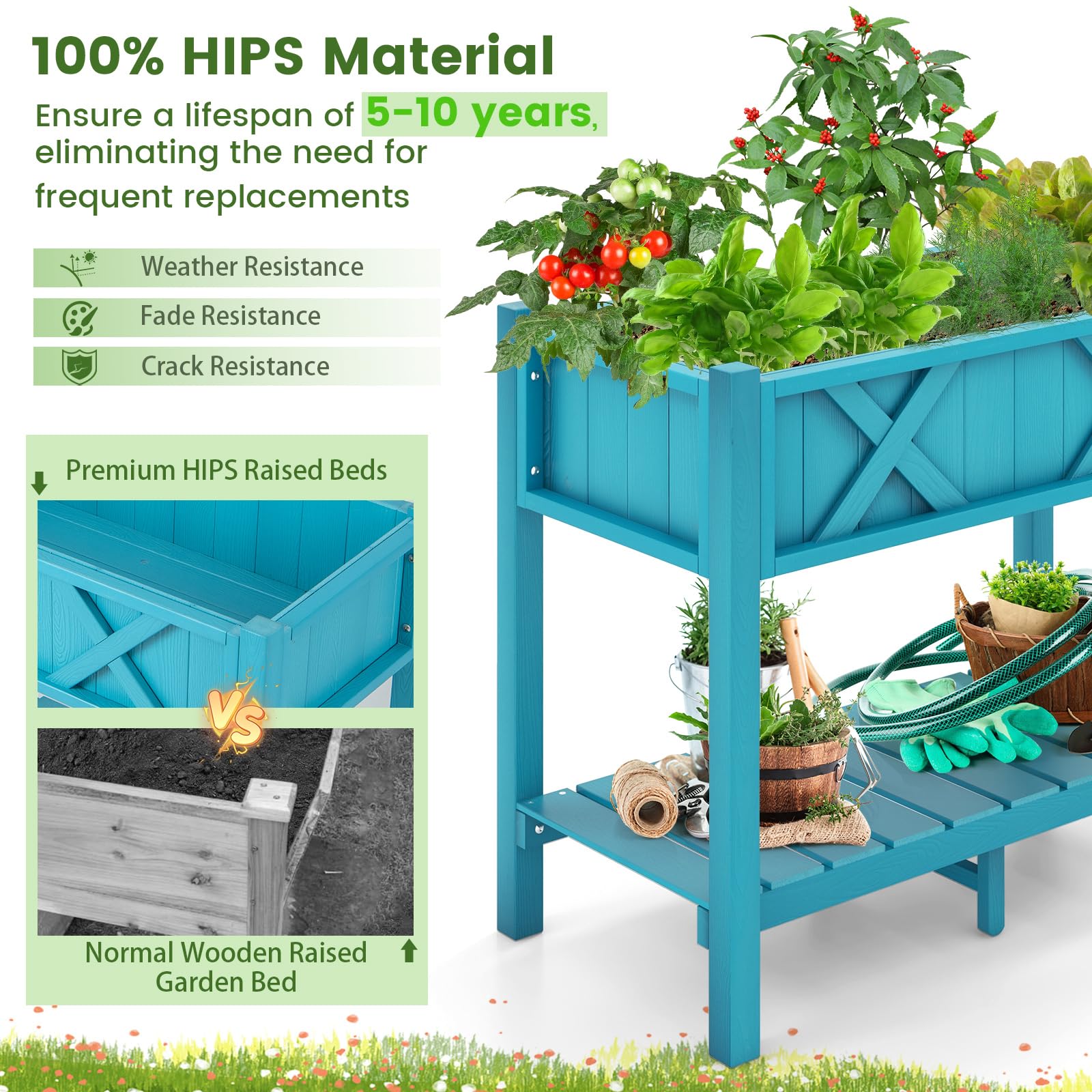 Giantex HIPS Raised Garden Bed, Elevated Planter Box w/Legs, Storage Shelf, Drain Holes 