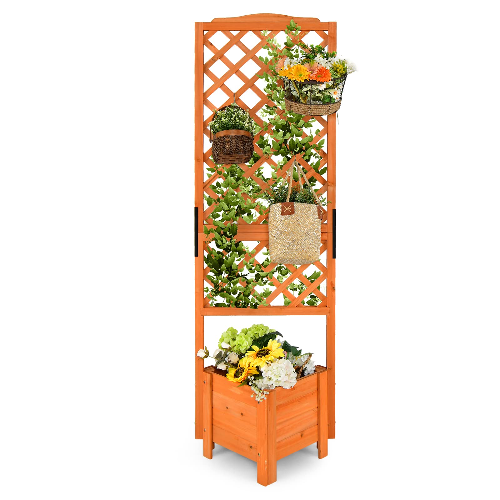 Giantex Planter Raised Bed with Trellis, Wood Raised Garden Bed 71" High Trellis for Plant Flower Climbing 