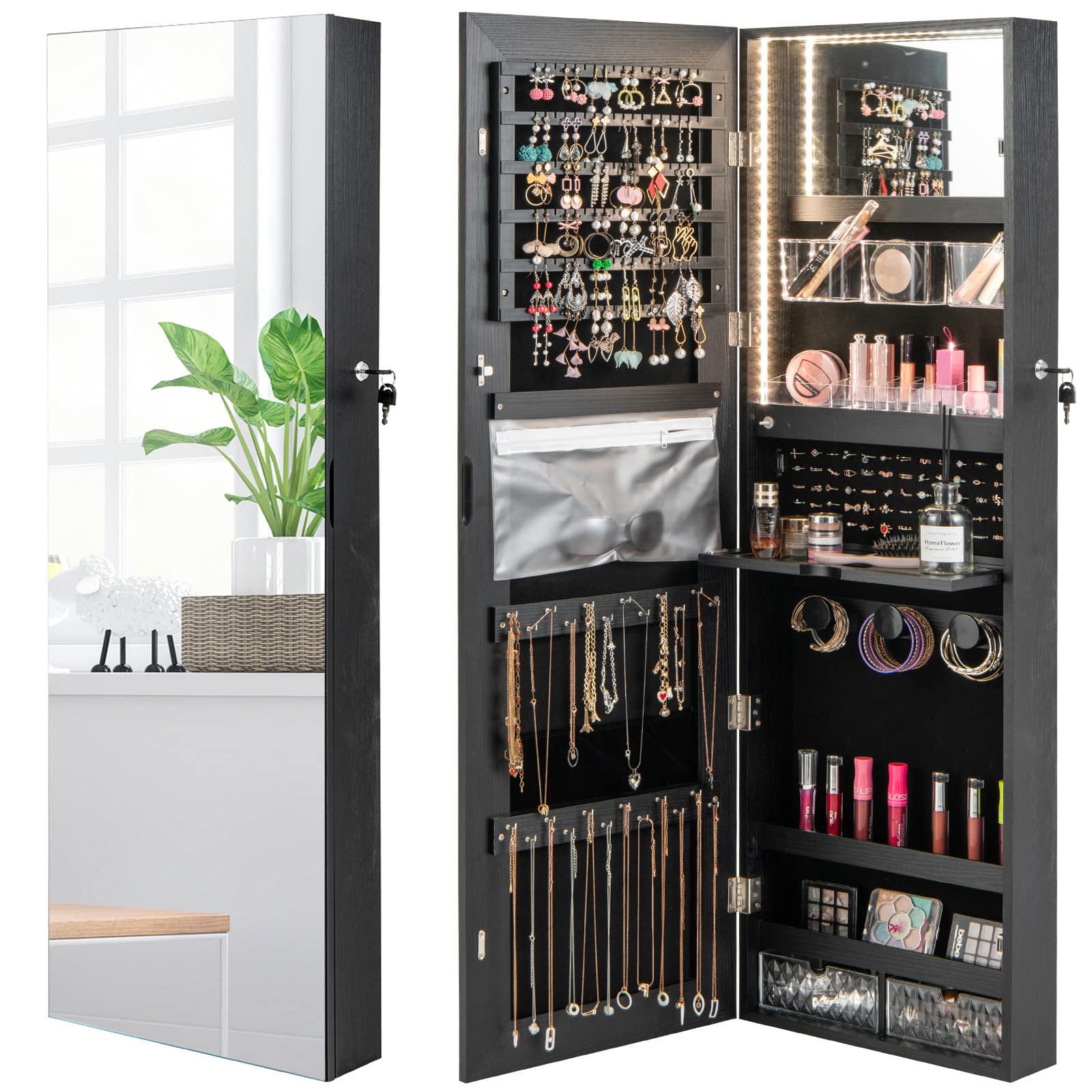 CHARMAID Wall/Door Mounted Jewelry Armoire with 3-Color LED Lights, 47.2"H Full Length Mirror 