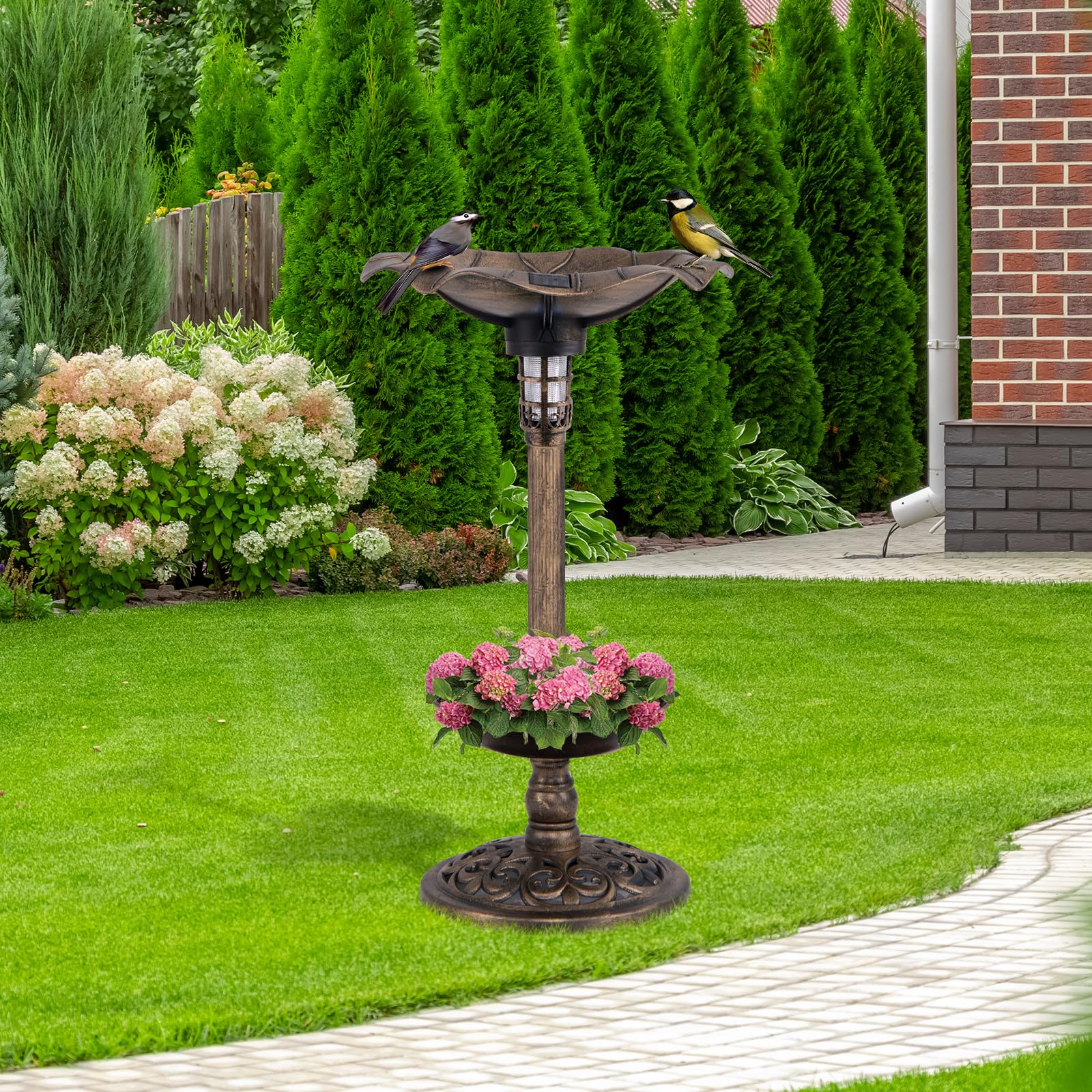 Giantex Bird Bath for Outside, 30 inch Solar Lighted Bird Bath and Feeder with Flower Planter 