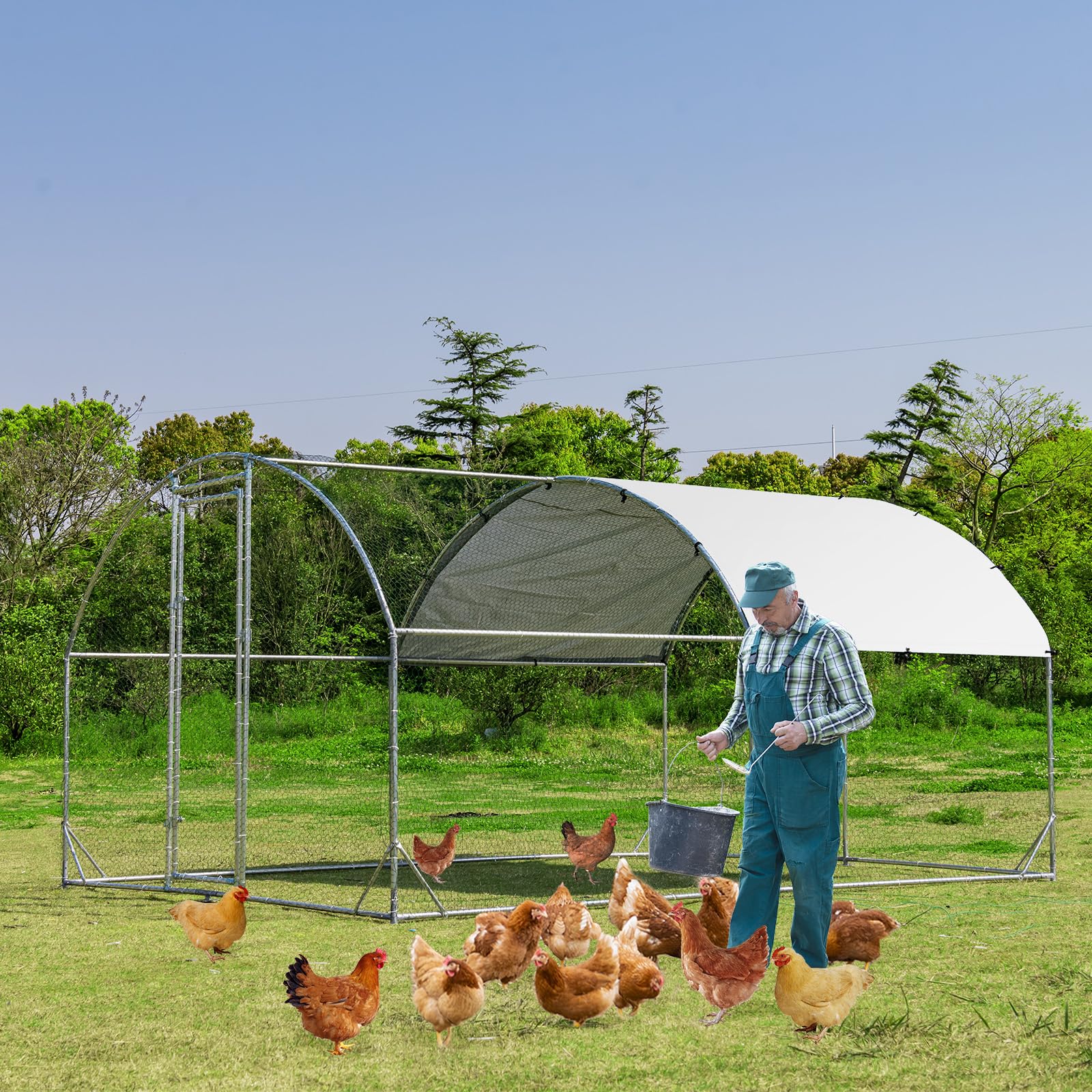 Giantex Metal Chicken Coop, Galvanized Walk-in Chicken Run with Waterproof PE Cover, Dome 