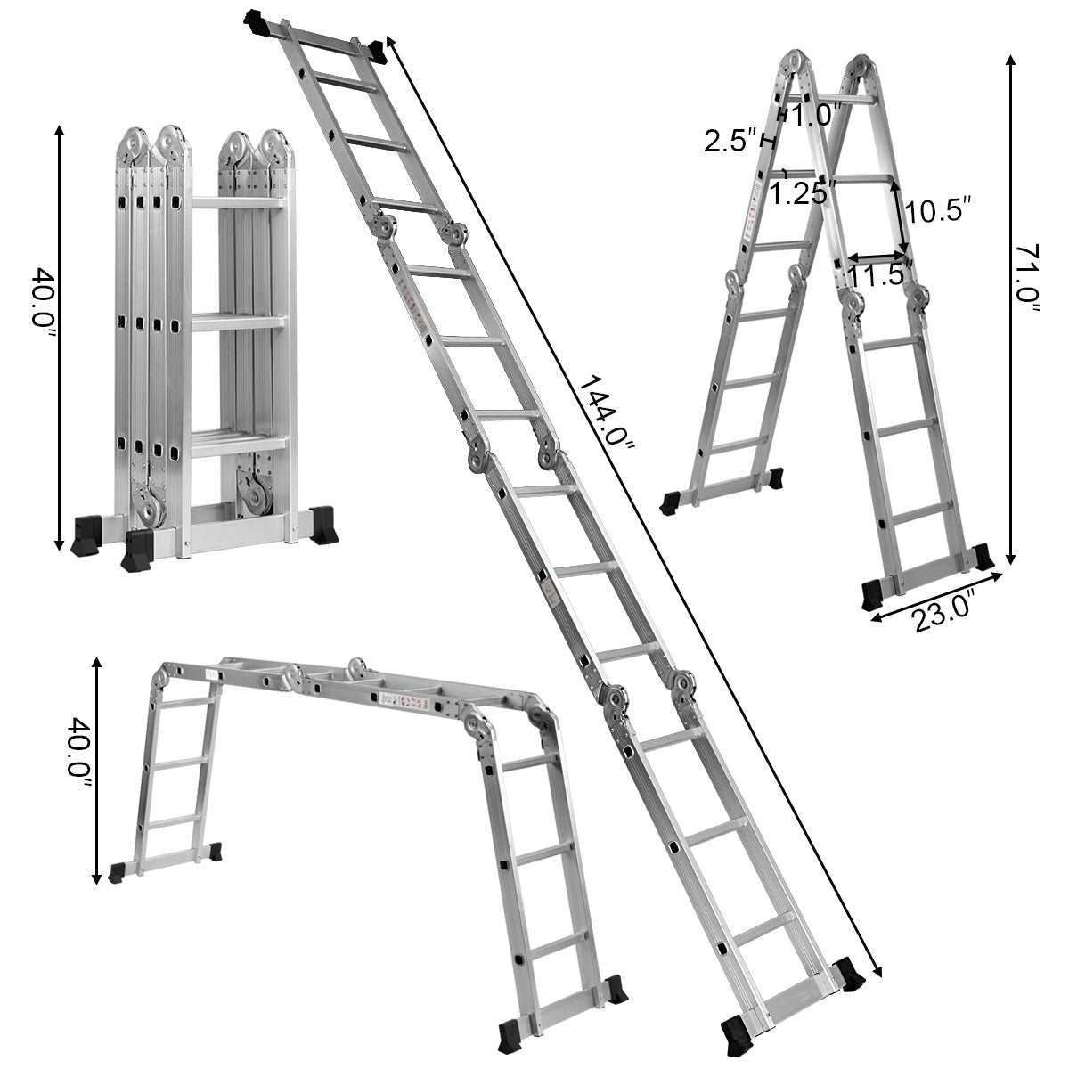 7 in 1 Folding Extension Ladders,Extendable Scaffold Aluminum Step Ladder 330LB (12.2 Ft) 