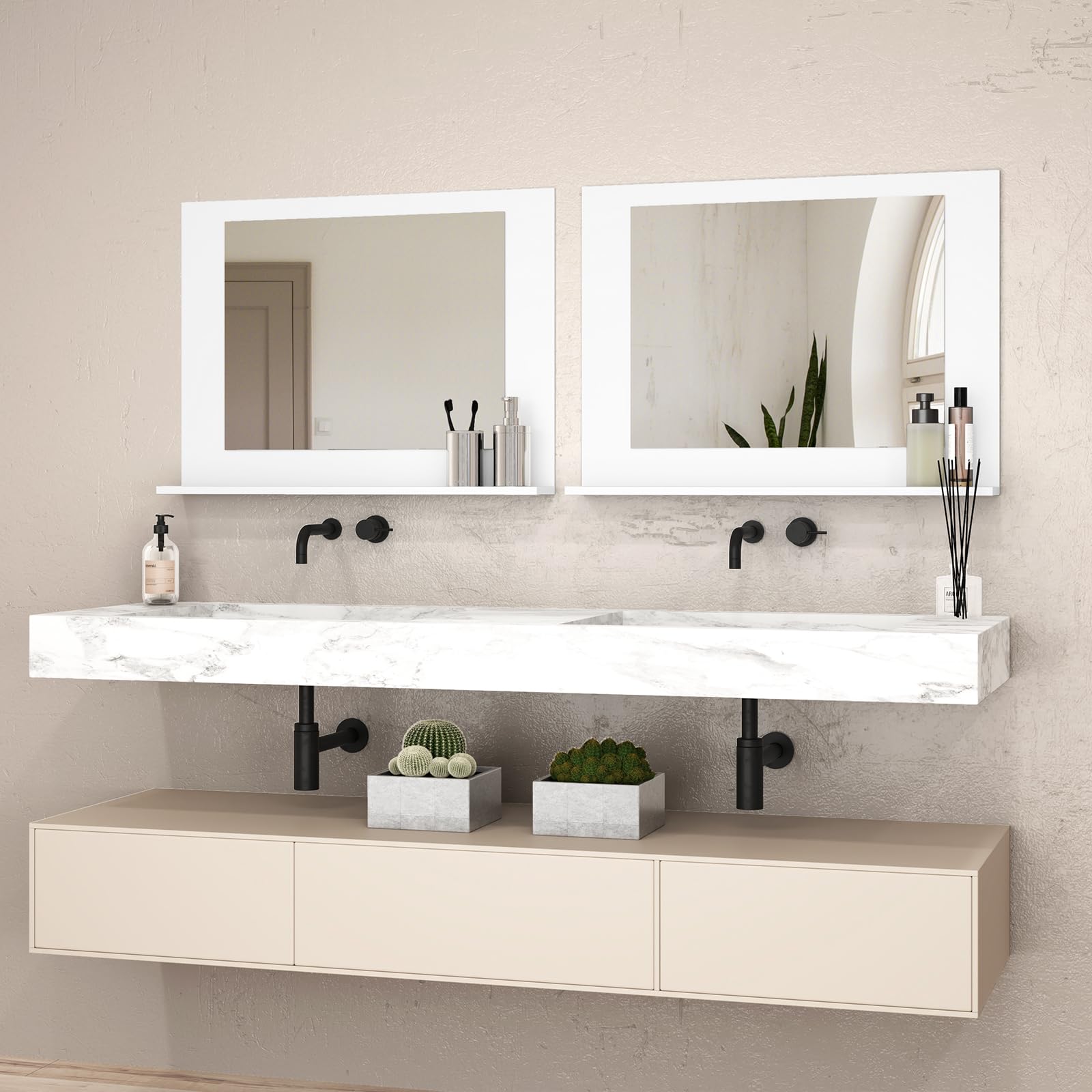 CHARMAID Bathroom Mirror with Shelf - 24" x 18" Wall Mirror Over Bathroom Sink 