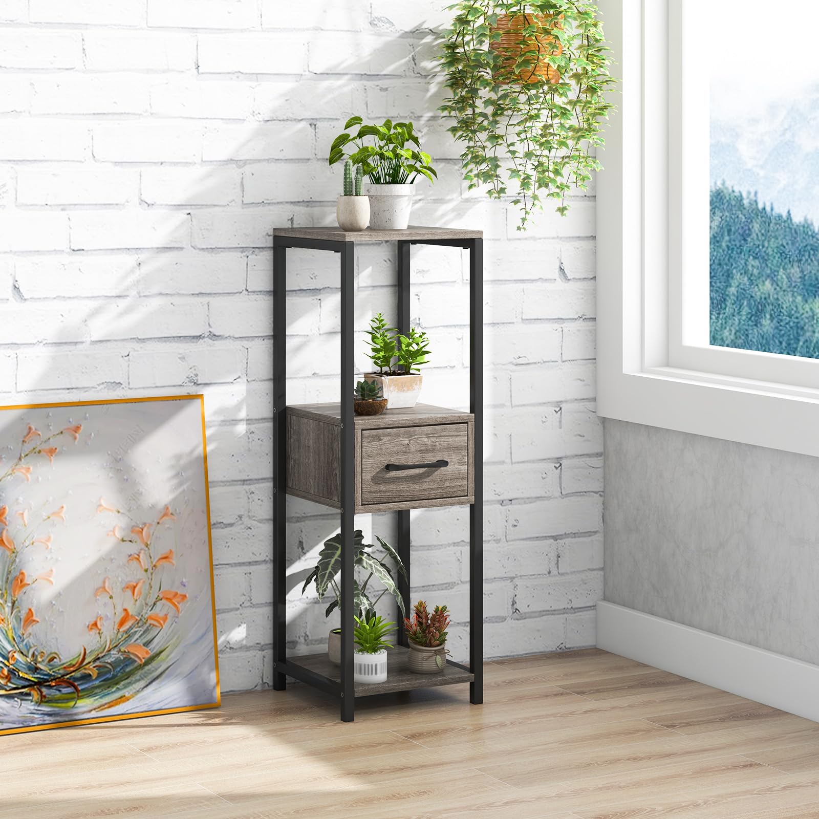 Giantex 3 Tier Tall Plant Stand Indoor, 36 Inch Corner Plant Holder with Drawer & Metal Frame 