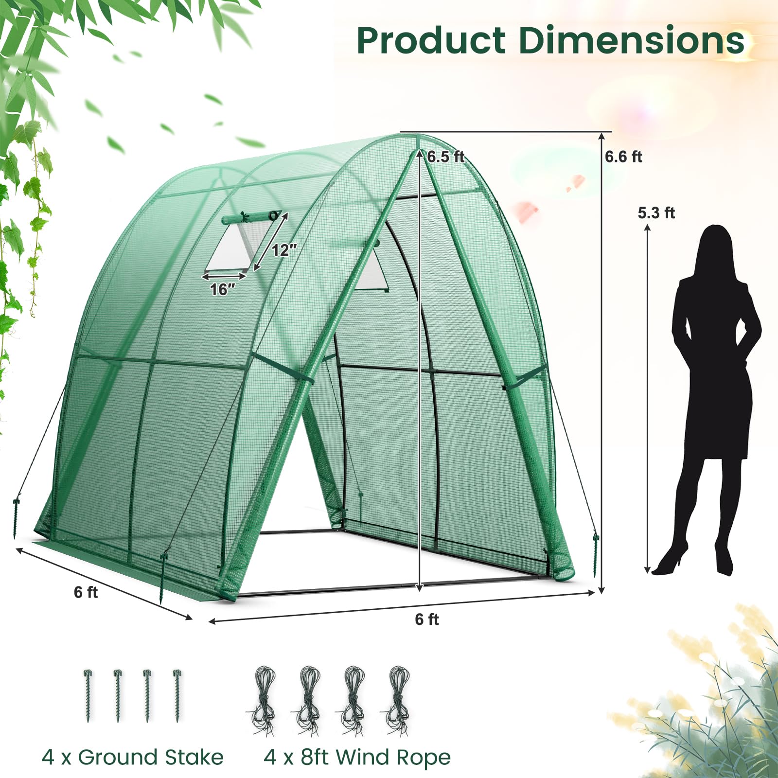 Giantex 6x6x6.6 FT Greenhouse, Outdoor Wall-in Tunnel Greenhouse with Ground Stakes, Rope, 2 Zippered Doors 