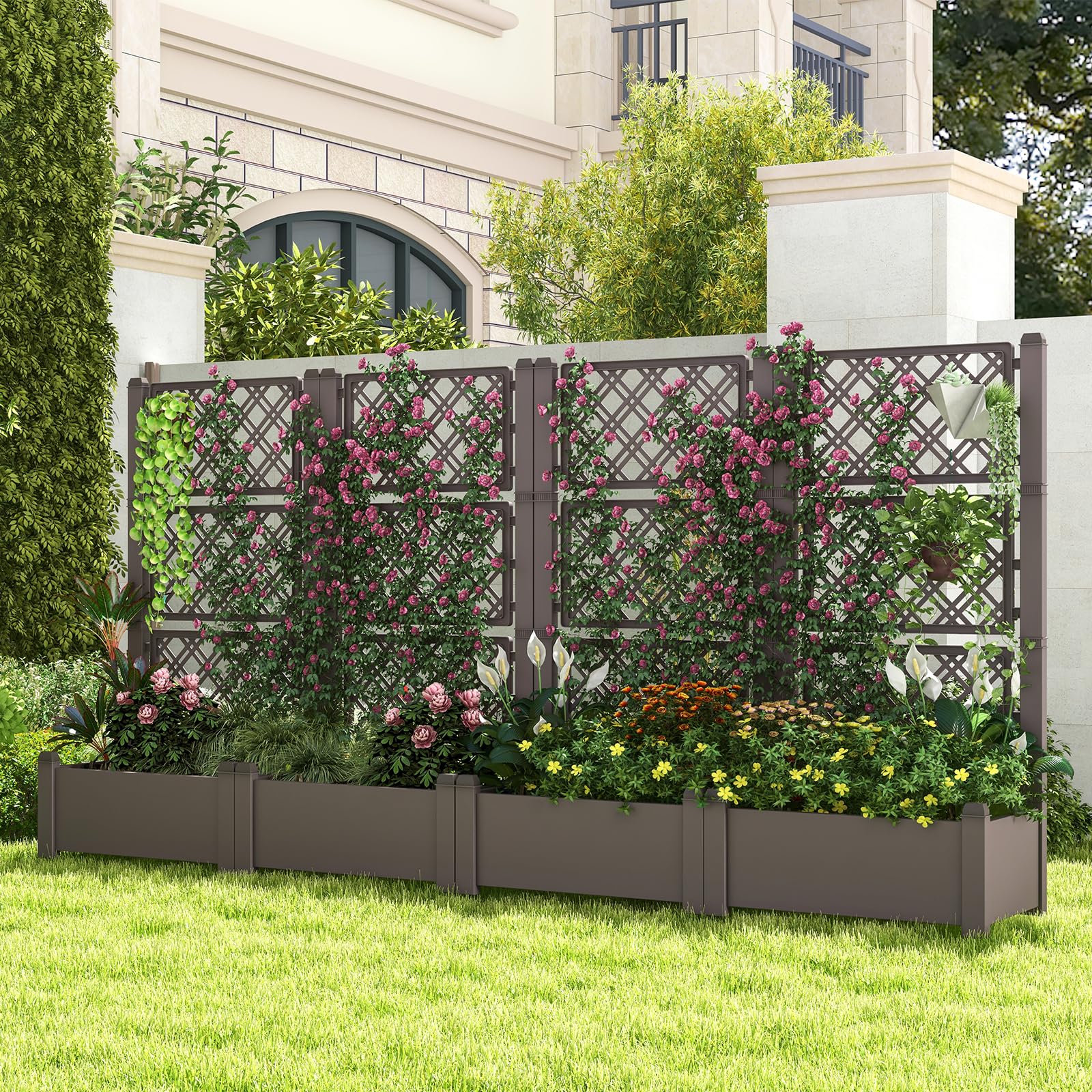 Giantex Raised Garden Bed with Trellis 59”, Self-Watering Planter Box with Water Level Indicator & Removable Space Dividers 