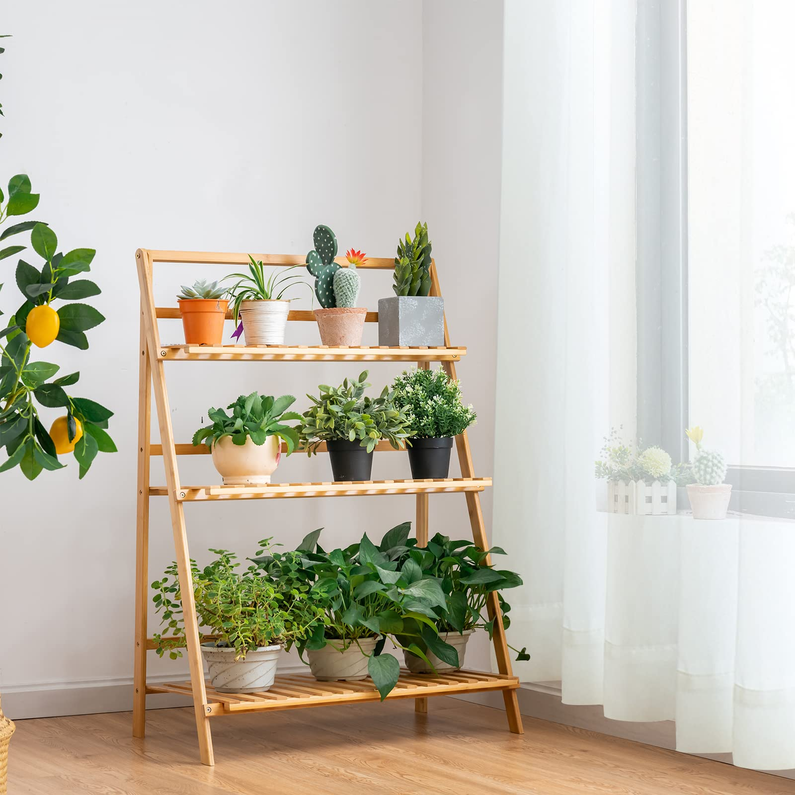 Giantex 3 Tier Folding Storage Shelf, Bamboo Ladder Plant Stand 