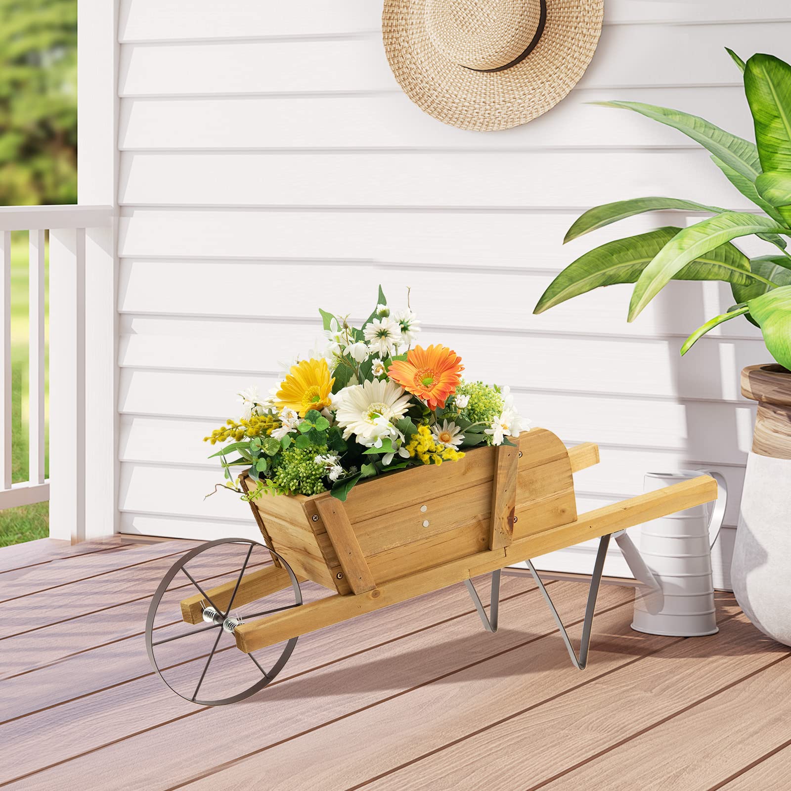 Giantex Wooden Wagon Planter, Small Wheelbarrow Wagon Flower, Indoor & Outdoor Raised Bed 