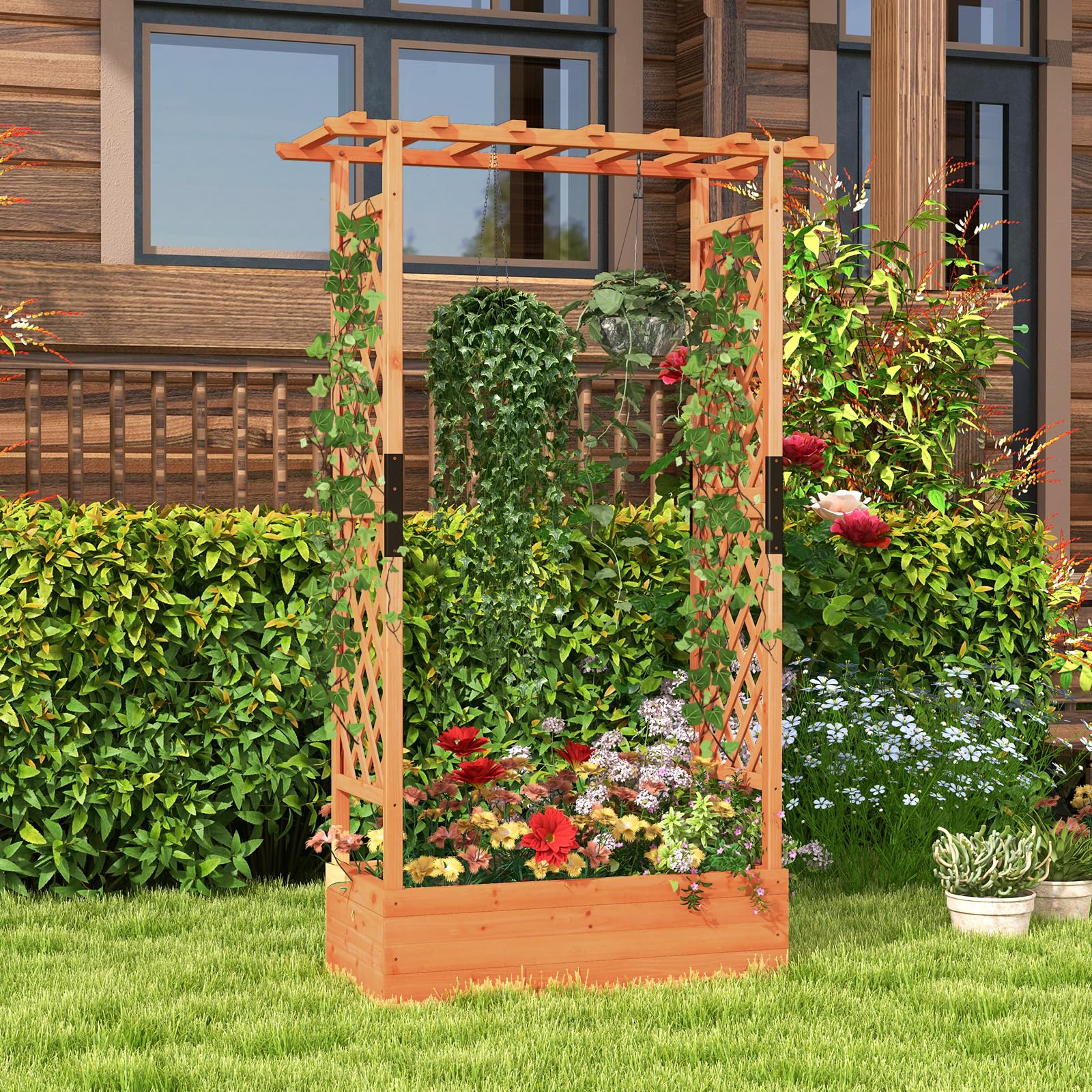Giantex Raised Garden Bed with 2-Sided Trellis & Hanging Roof 