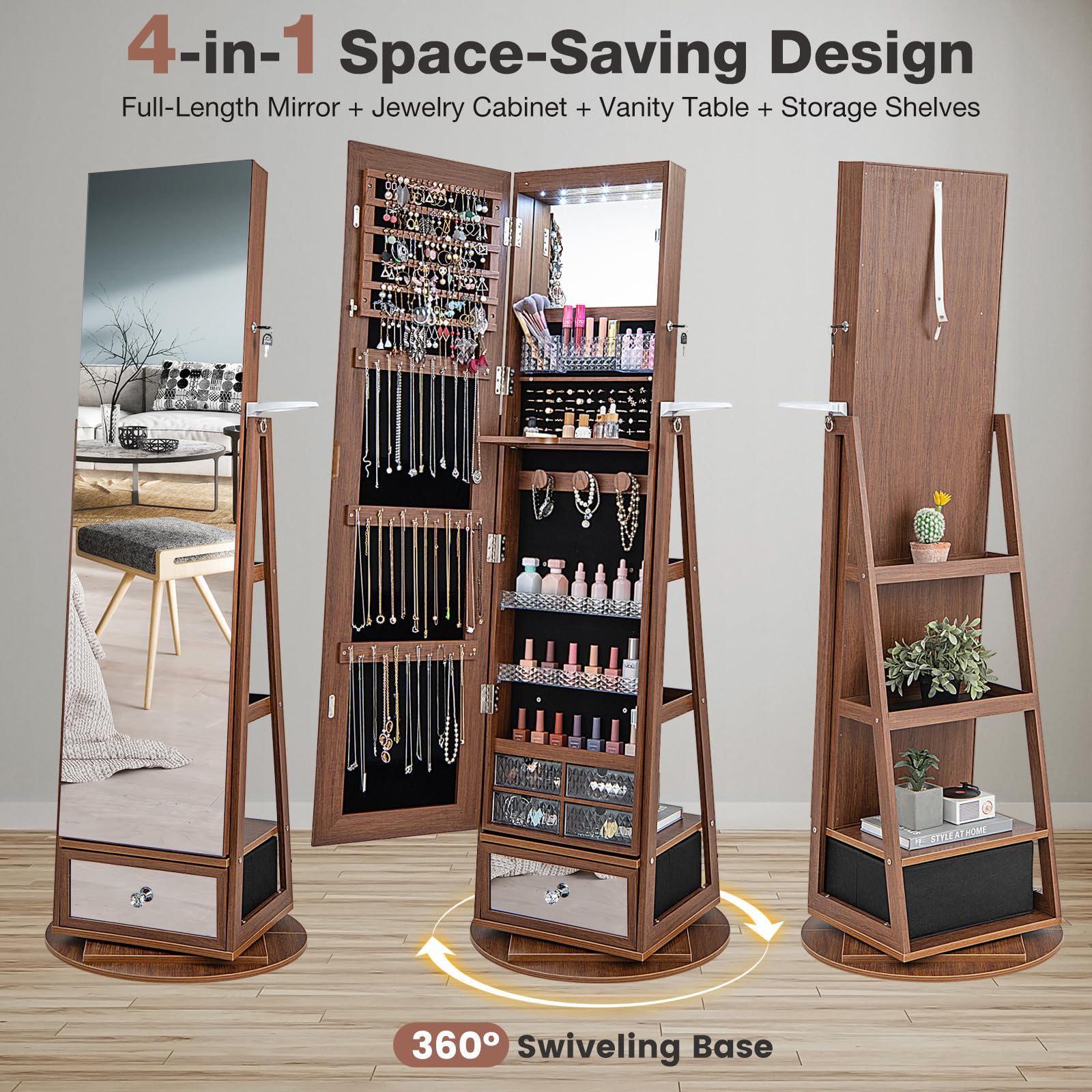 CHARMAID 360° Swivel Jewelry Cabinet Armoire with 64.5" H Full Length Mirror 