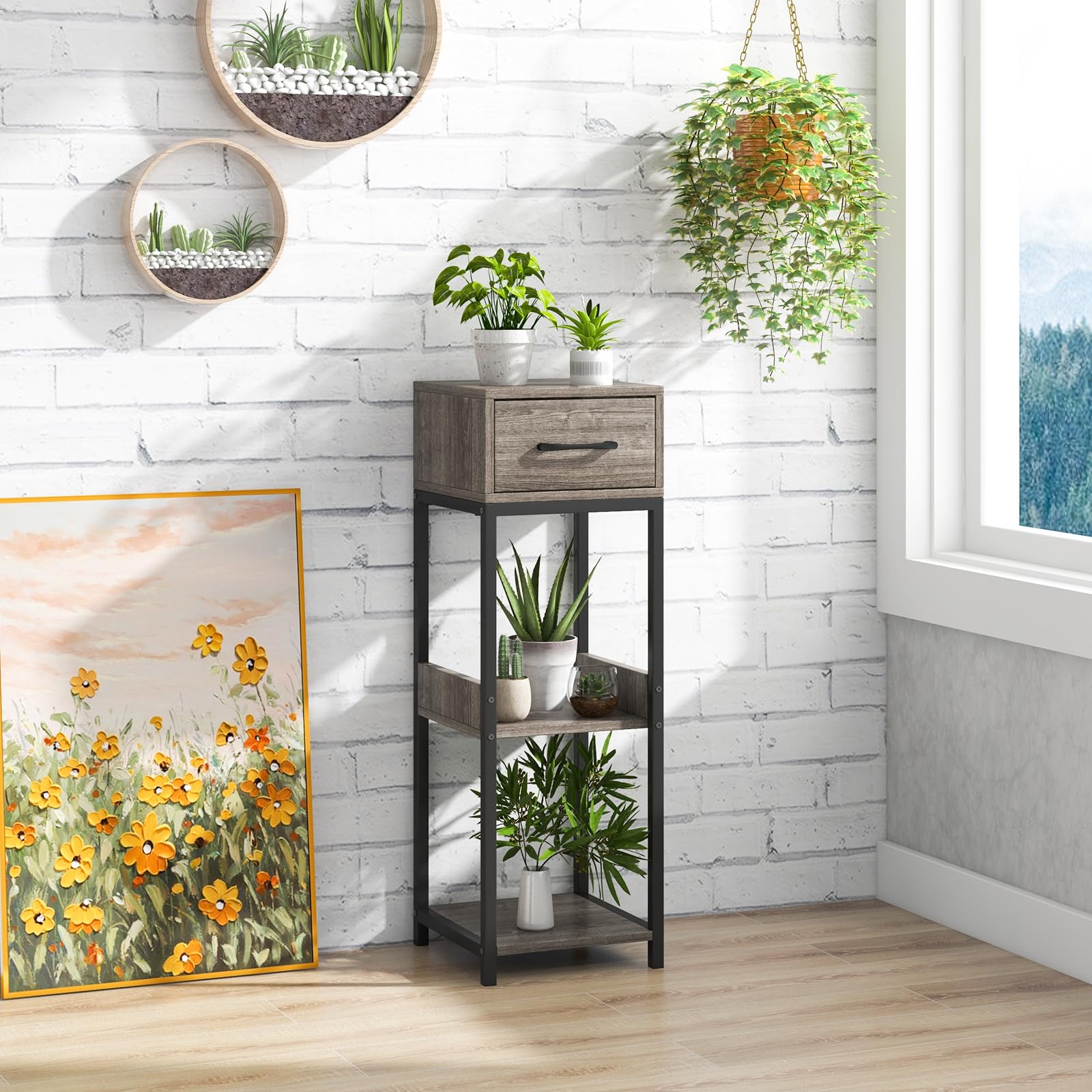 Giantex 3 Tier Tall Plant Stand Indoor, 36 Inch Corner Plant Holder with Drawer & Metal Frame 