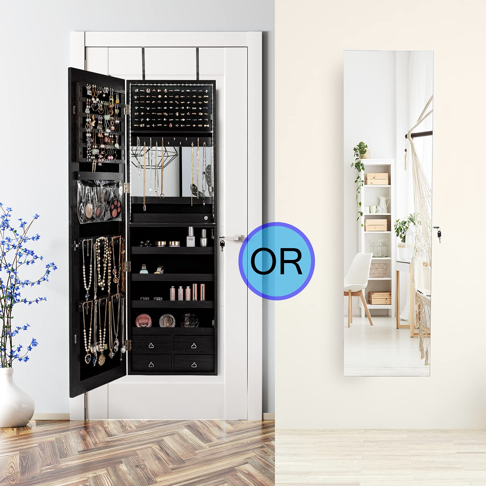 CHARMAID LED Strip Jewelry Armoire with 47.2" H Full Length Mirror 