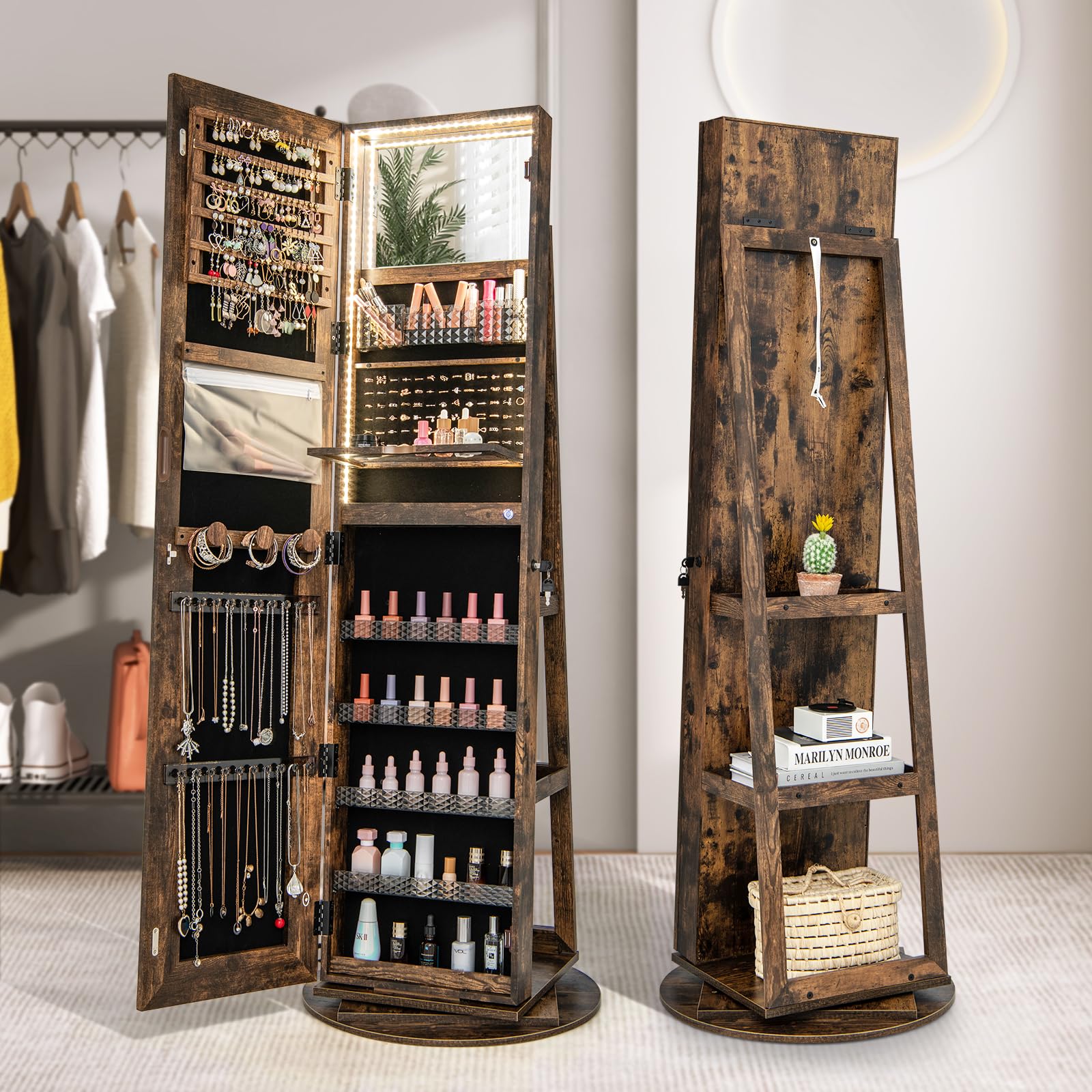 CHARMAID LED Mirror Jewelry Cabinet Armoire 360Â° Swivel, 63" H 3-Color Lighted Full Length Mirror 