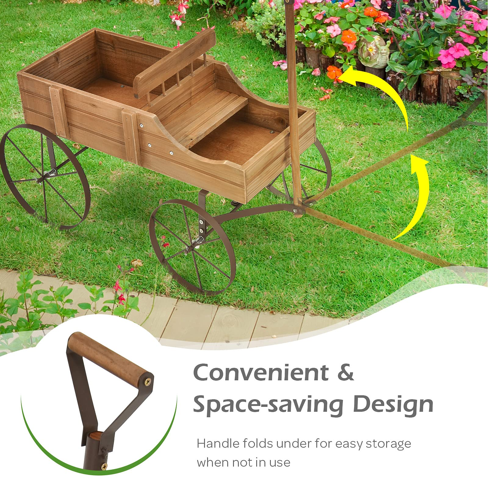 Giantex Decorative Garden Planter, Small Wagon Cart with Metal Wheels, Wood Raised Beds Plant Pot Stand for Backyard Garden Patio 24.5"x13.5"x24" 