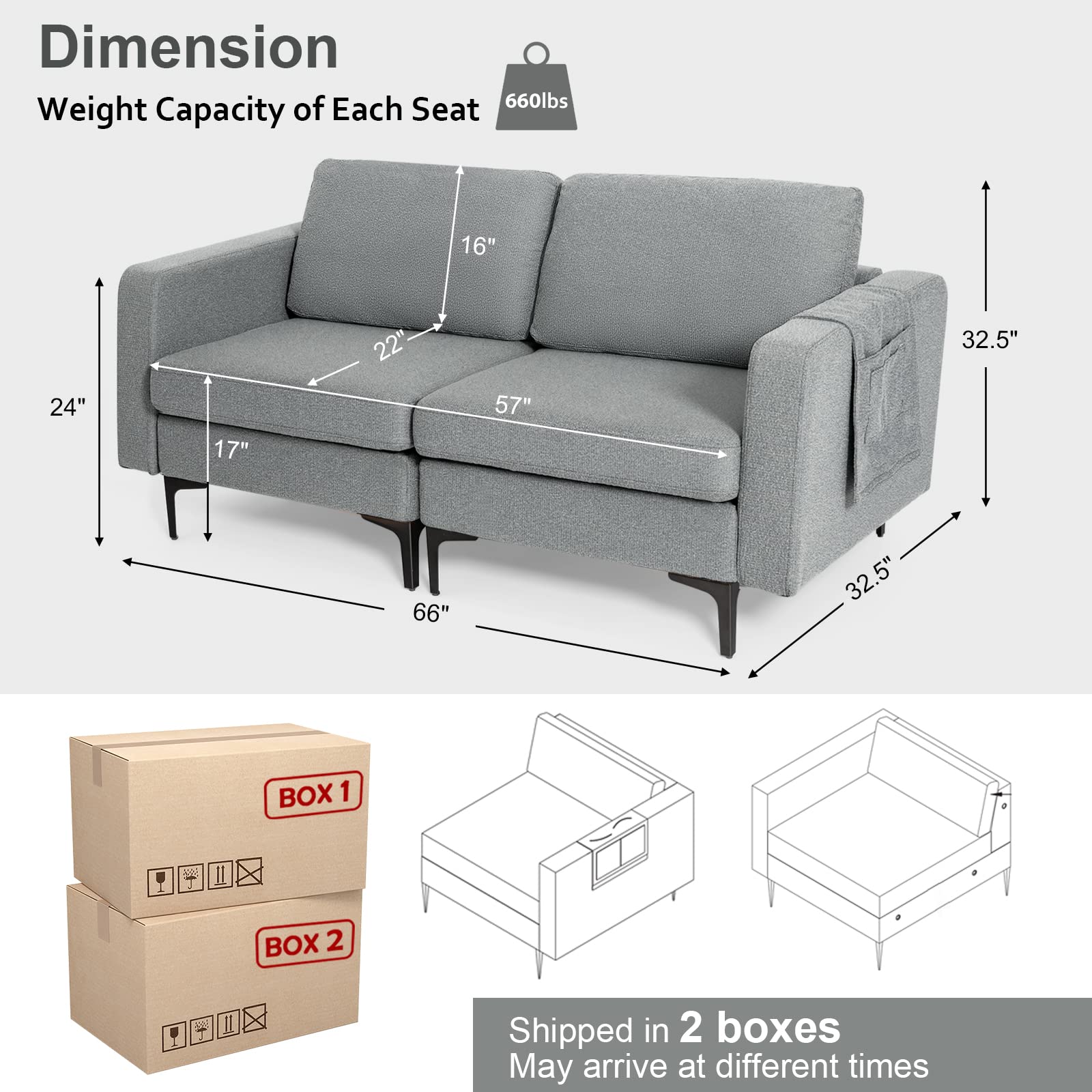 Giantex 2-Seat Sofa Couch, 66" L Modern Loveseat 